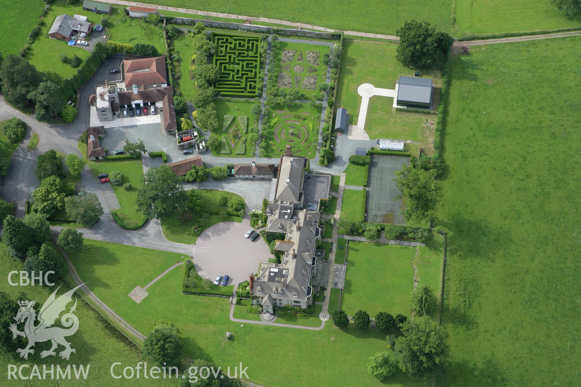 RCAHMW colour oblique aerial photograph of Llangoed Hall. Taken on 09 July 2007 by Toby Driver