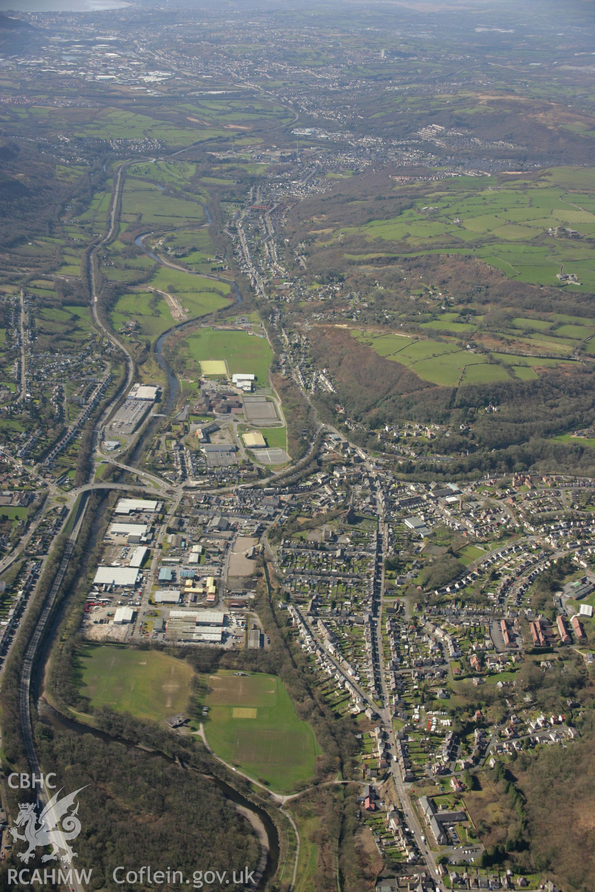 RCAHMW colour oblique aerial photograph of Pontardawe Town Curved Pound, Swansea Canal, in landscape view looking south-west. Taken on 21 March 2007 by Toby Driver