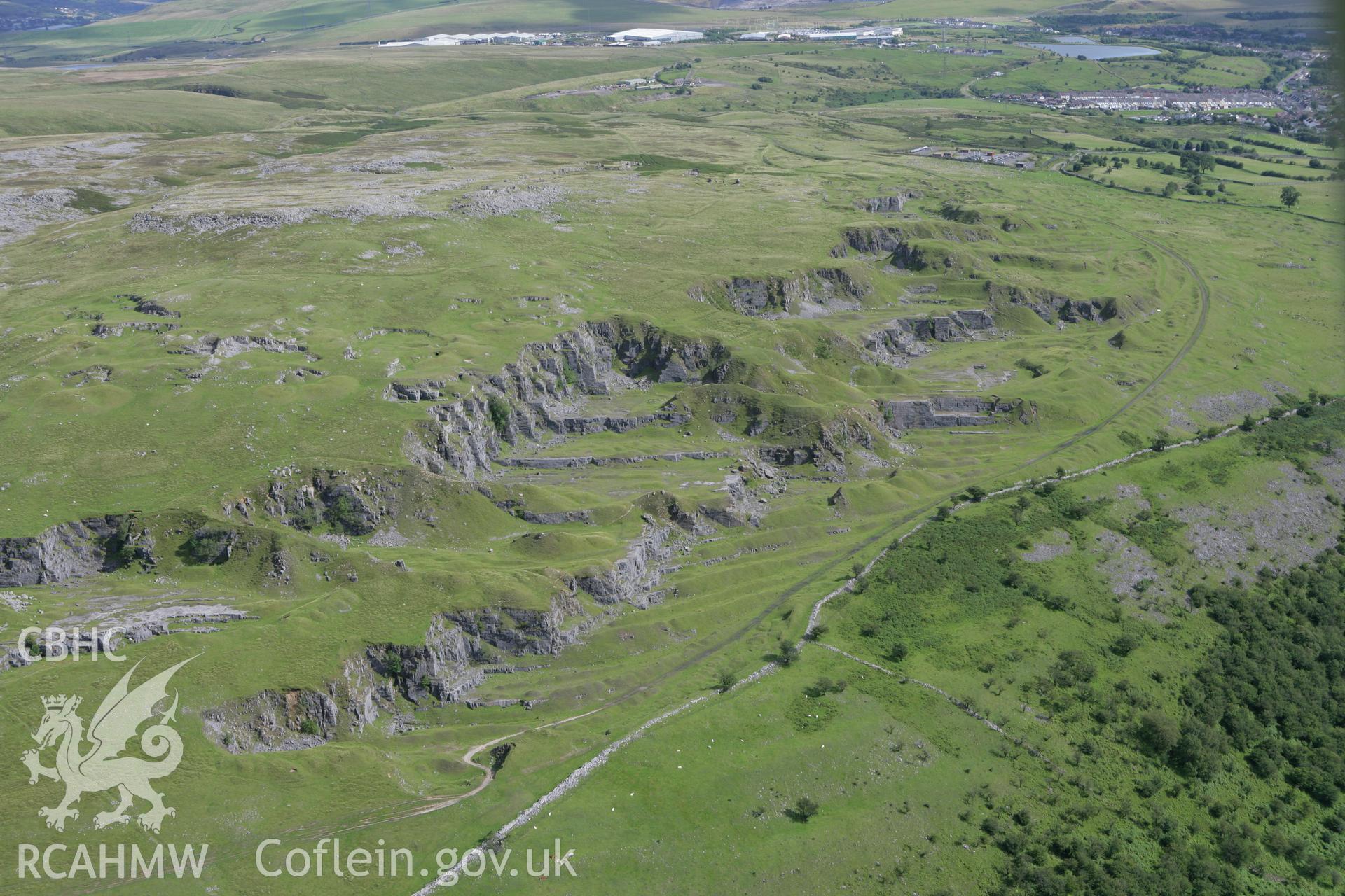 RCAHMW colour oblique aerial photograph of Twynau-Gwynion Quarries. Taken on 30 July 2007 by Toby Driver