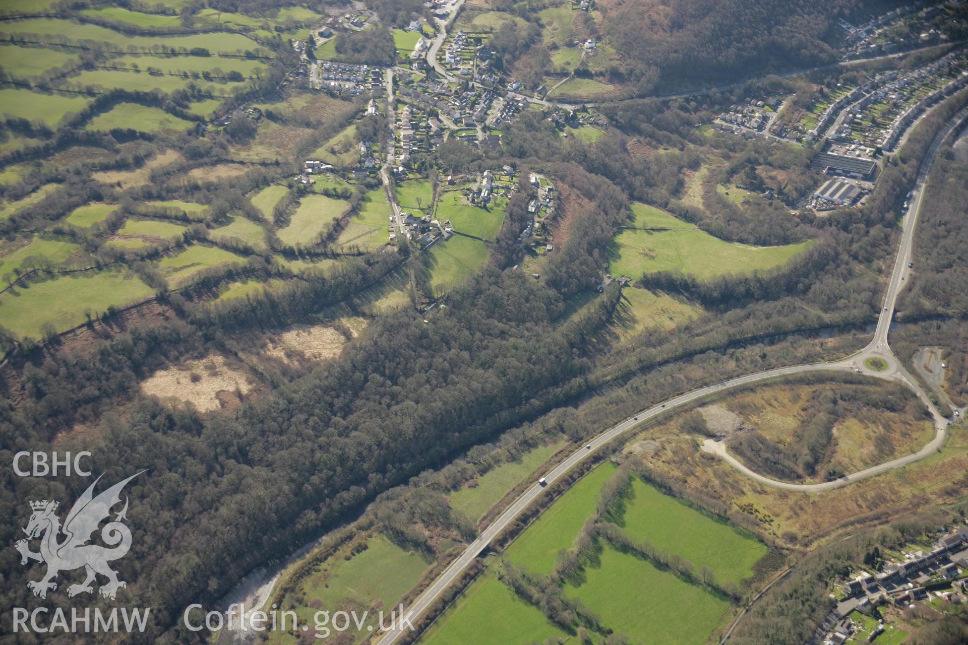 RCAHMW colour oblique aerial photograph of Ynyscedwyn Ironworks and Cwm-Nant-Llwyd Collieries Railway, Swansea Canal. Taken on 21 March 2007 by Toby Driver