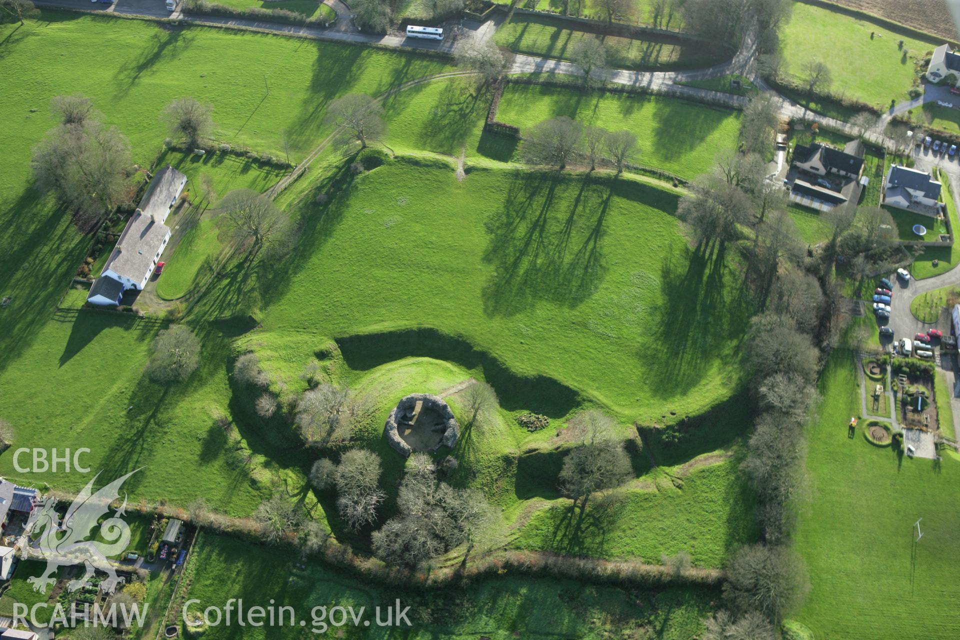 RCAHMW colour oblique photograph of Wiston Castle, and village. Taken by Toby Driver on 29/11/2007.