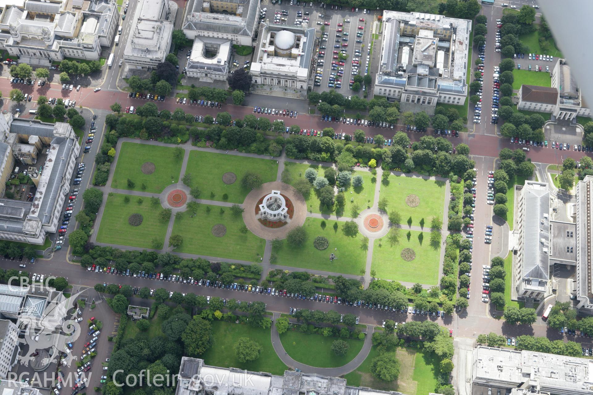 RCAHMW colour oblique aerial photograph of Cardiff Civic Centre, Cathays Park, Cardiff. Taken on 30 July 2007 by Toby Driver