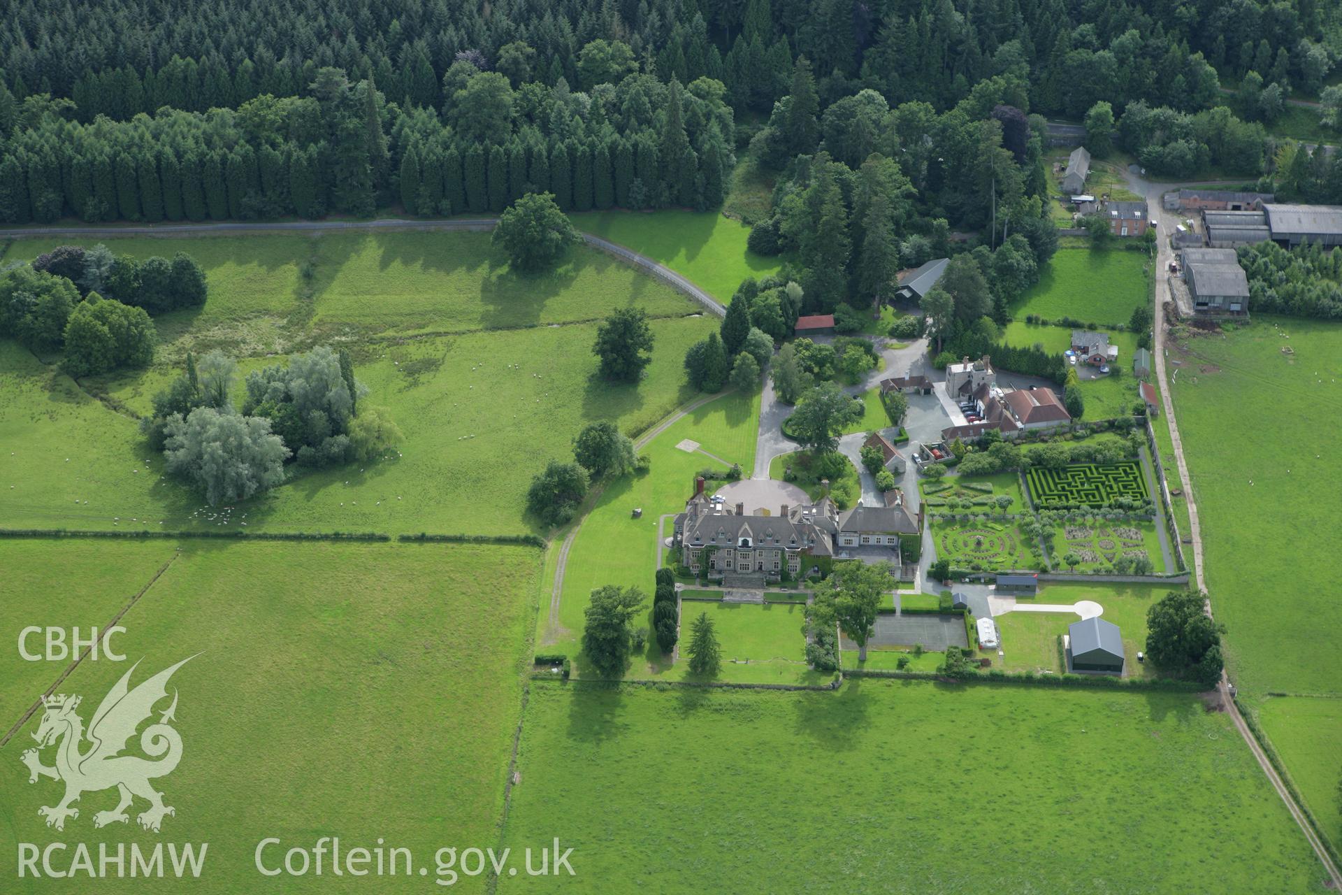 RCAHMW colour oblique aerial photograph of Llangoed Hall. Taken on 09 July 2007 by Toby Driver