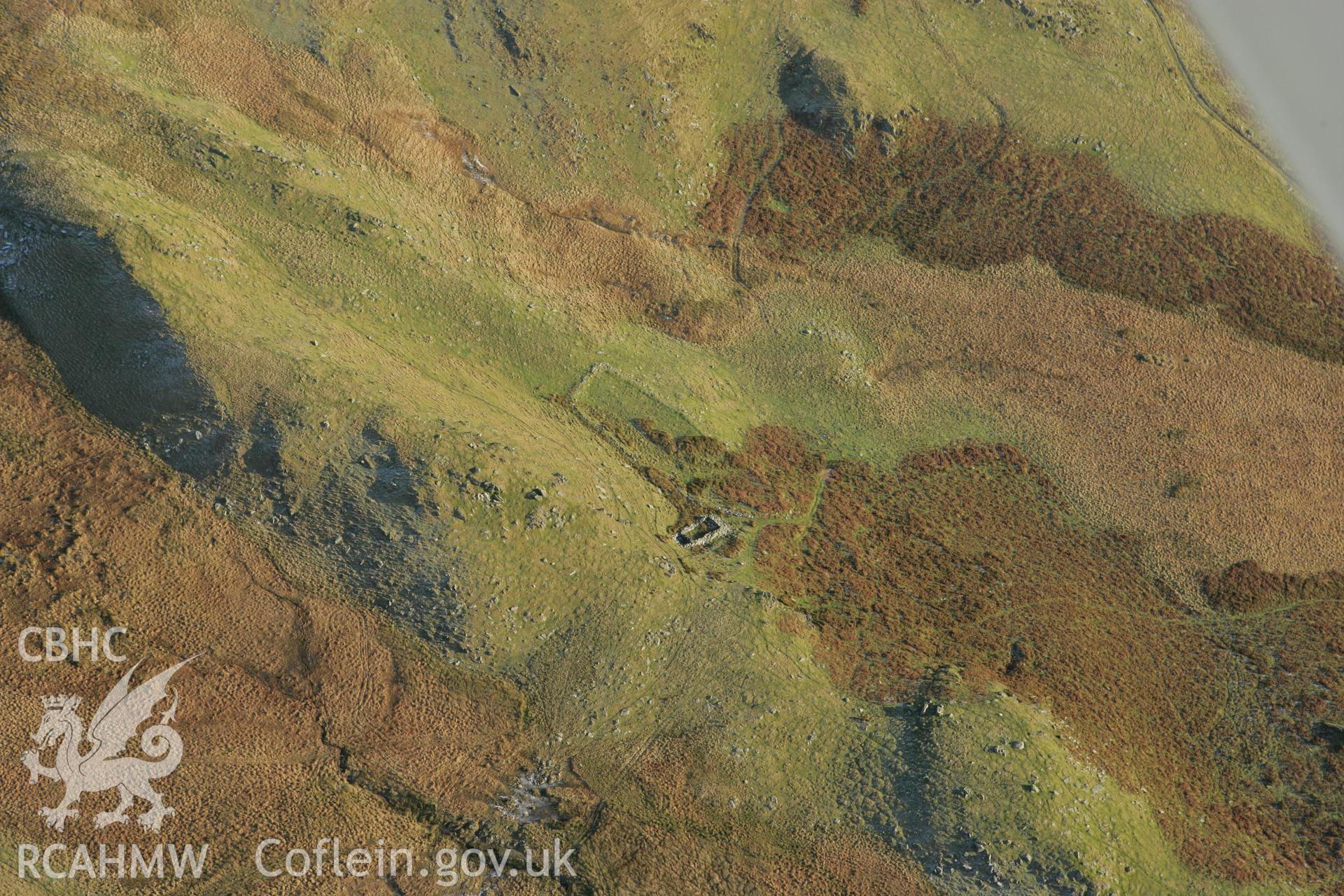 RCAHMW colour oblique photograph of Hafod Ffrith, showing hafod and sheepfold. Taken by Toby Driver on 20/12/2007.