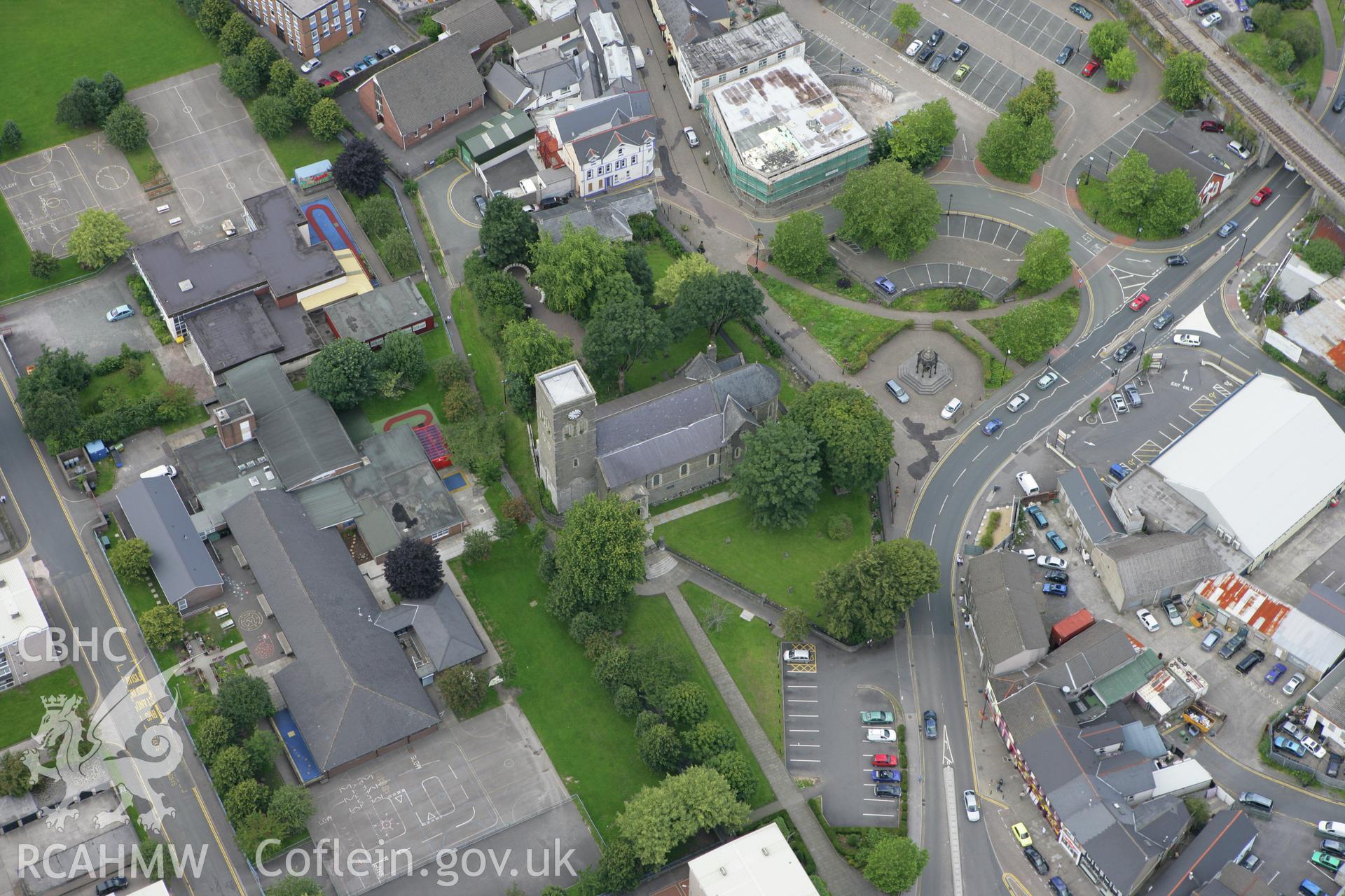 RCAHMW colour oblique aerial photograph of St Tydfil's Church, High Street, Merthyr Tydfil. Taken on 30 July 2007 by Toby Driver