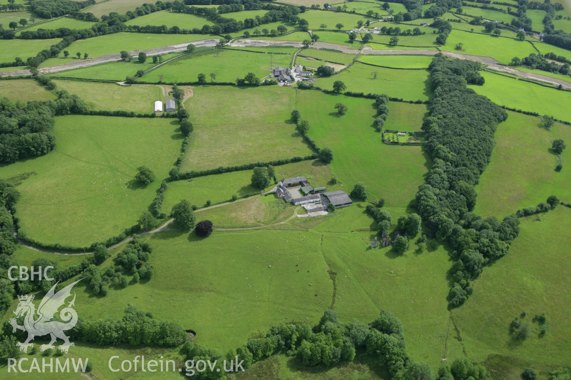 RCAHMW colour oblique aerial photograph of Llwynywormwood House and Garden. Taken on 09 July 2007 by Toby Driver