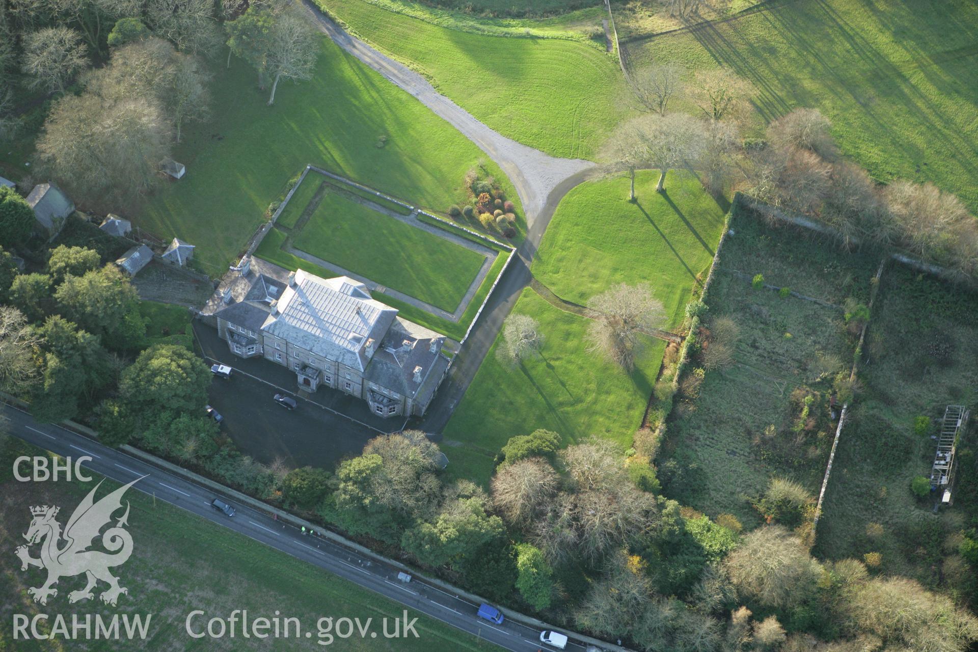 RCAHMW colour oblique photograph of Cresselly House. Taken by Toby Driver on 29/11/2007.