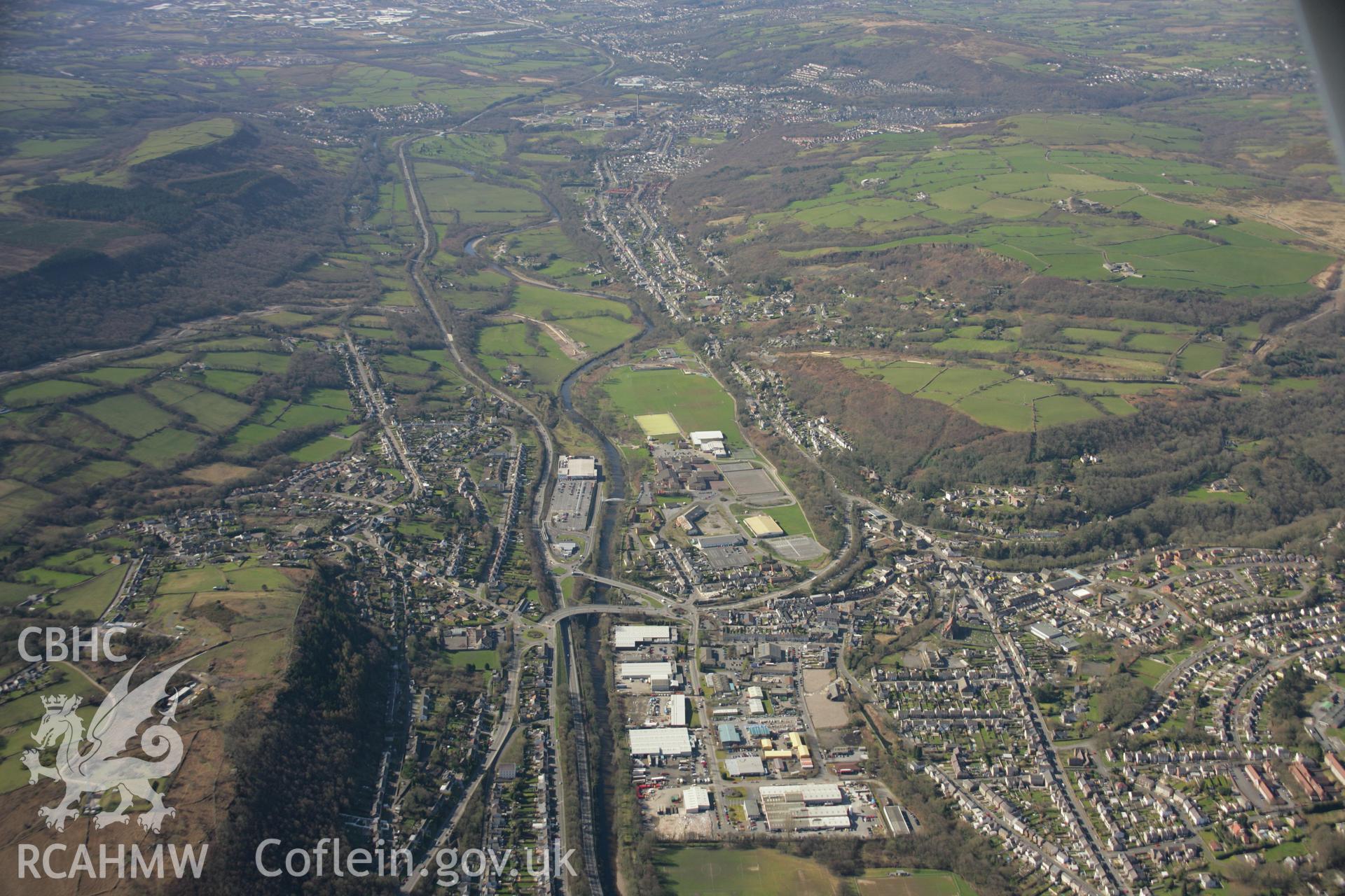 RCAHMW colour oblique aerial photograph of Pontardawe Town Curved Pound, Swansea Canal, in landscape view looking south-west. Taken on 21 March 2007 by Toby Driver