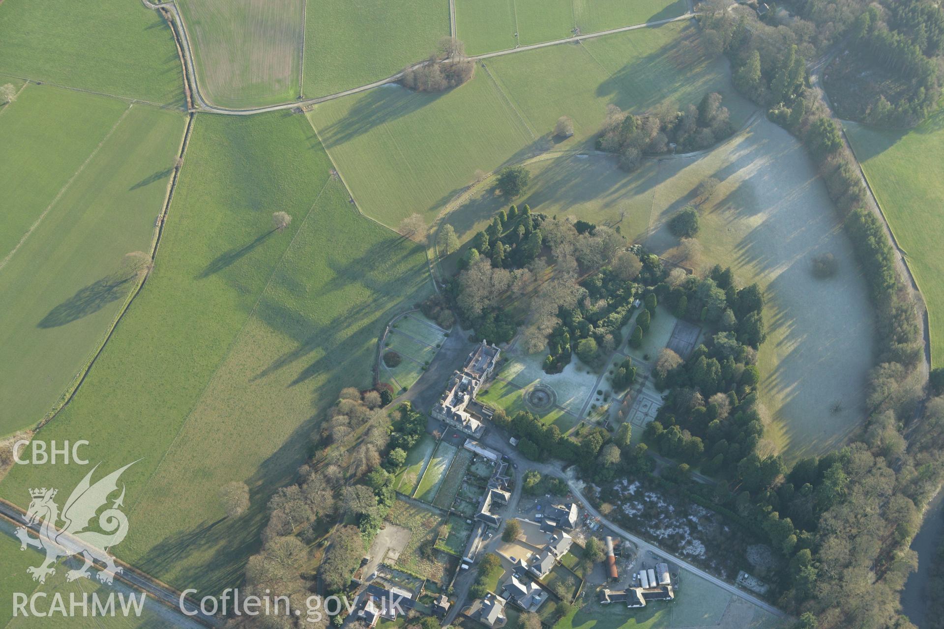 RCAHMW colour oblique photograph of Trawsgoed, showing earthworks of former garden terraces to the east of Trawsgoed Mansion. Taken by Toby Driver on 20/12/2007.