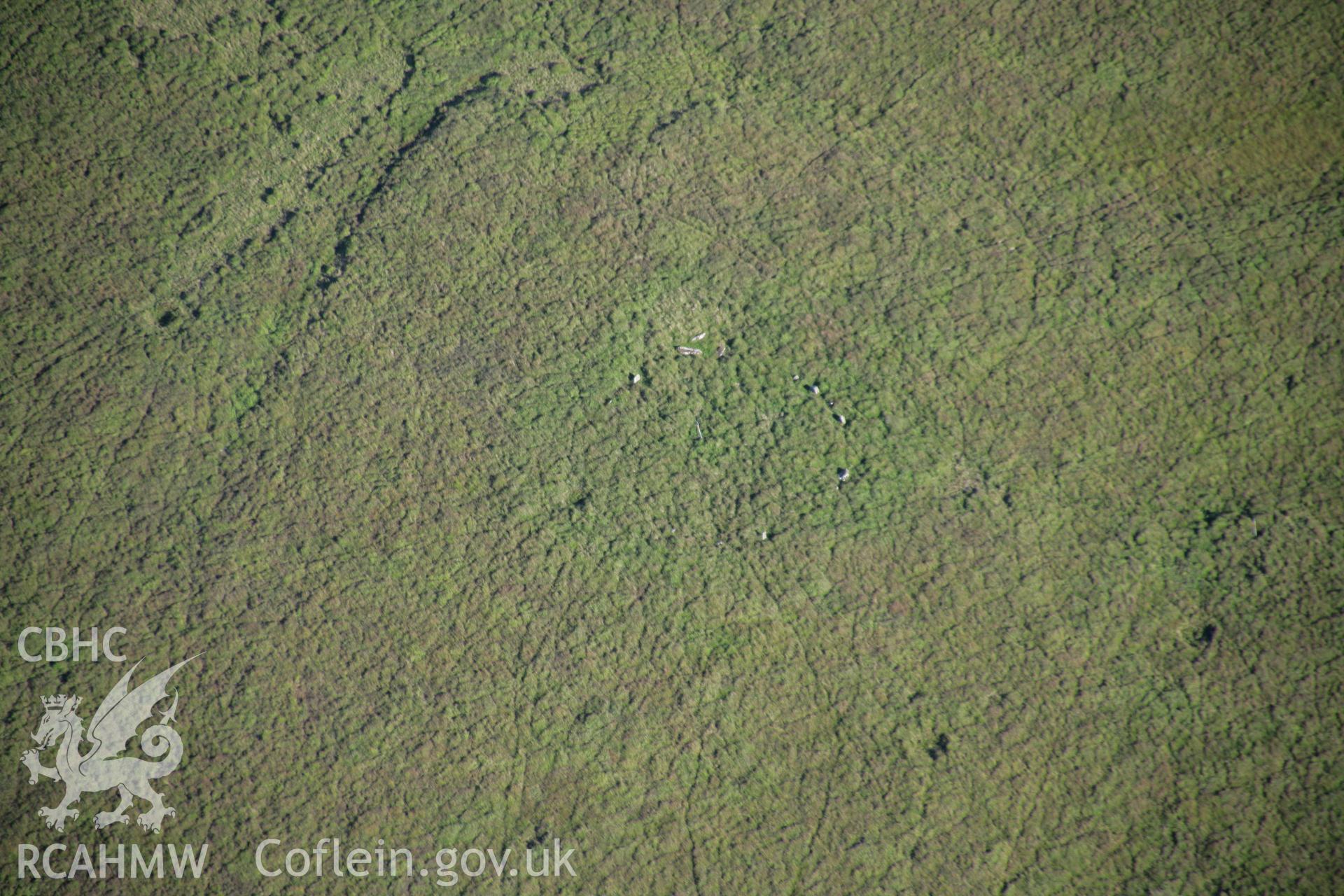 RCAHMW colour oblique aerial photograph of a stone circle west of Ynyshir. Taken on 08 August 2007 by Toby Driver