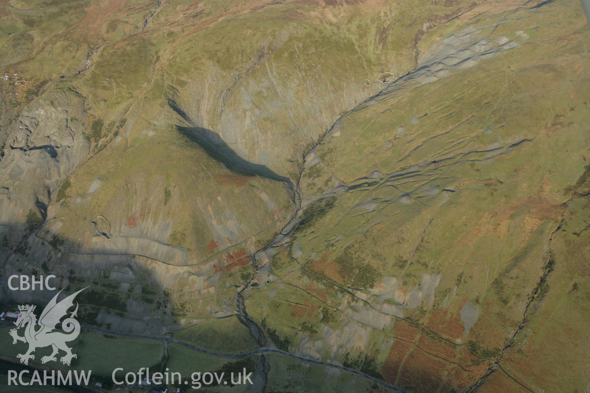 RCAHMW colour oblique photograph of Cwmystwyth mines and the find spot of the 'sun disc'. Taken by Toby Driver on 20/12/2007.