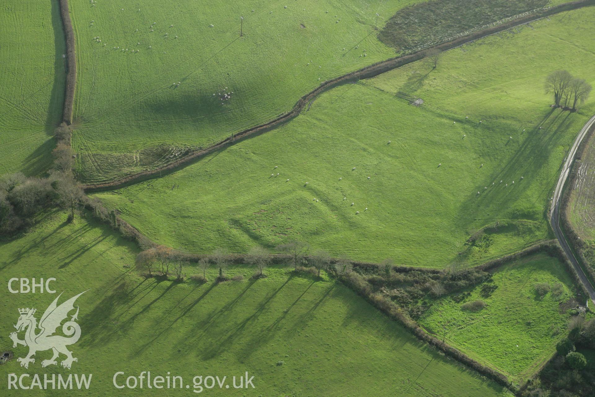 RCAHMW colour oblique photograph of Moat, Trebersed, near Carmarthen. Taken by Toby Driver on 29/11/2007.