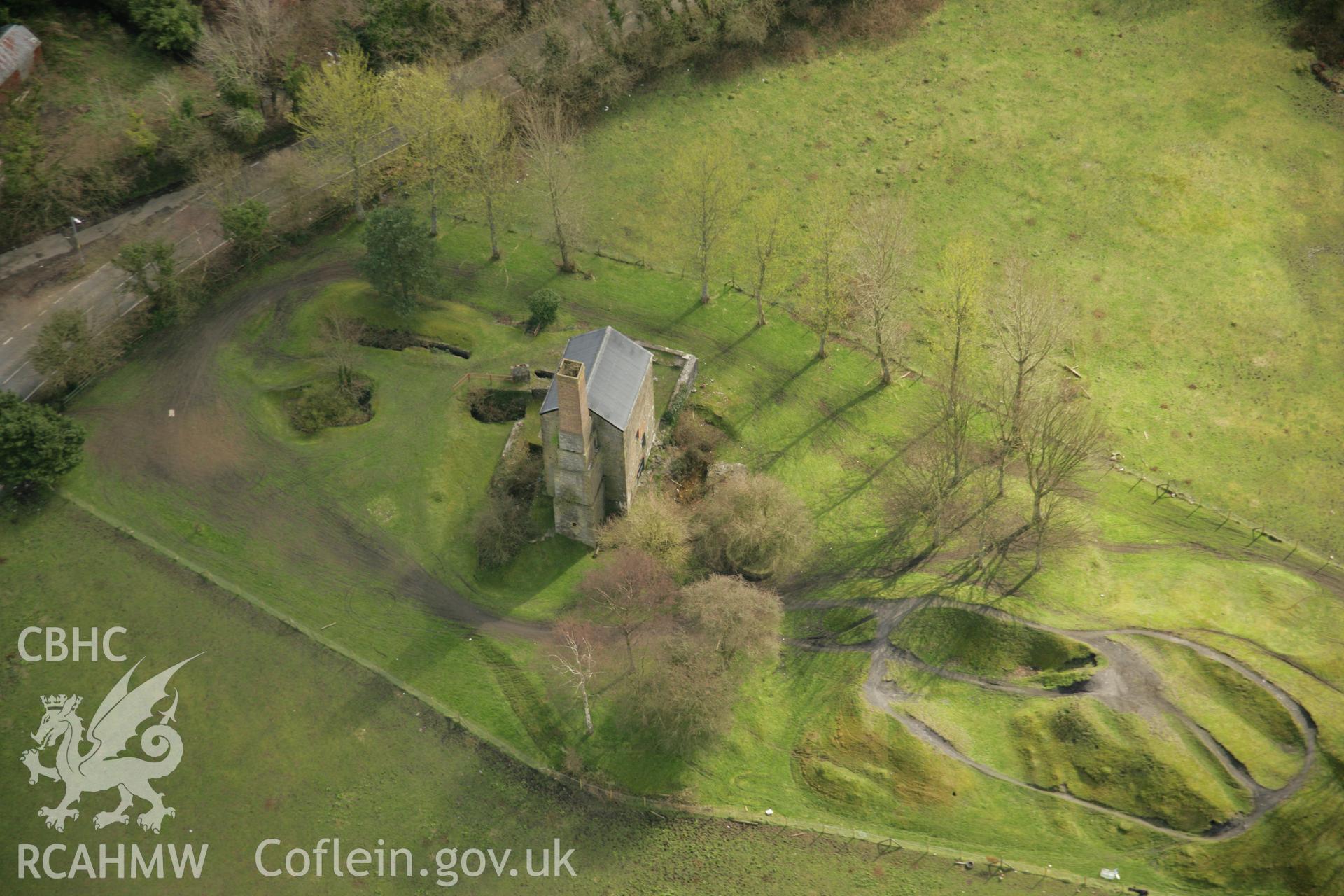 RCAHMW colour oblique aerial photograph of Scotts Pit Engine House, Heol-Las. Taken on 16 March 2007 by Toby Driver