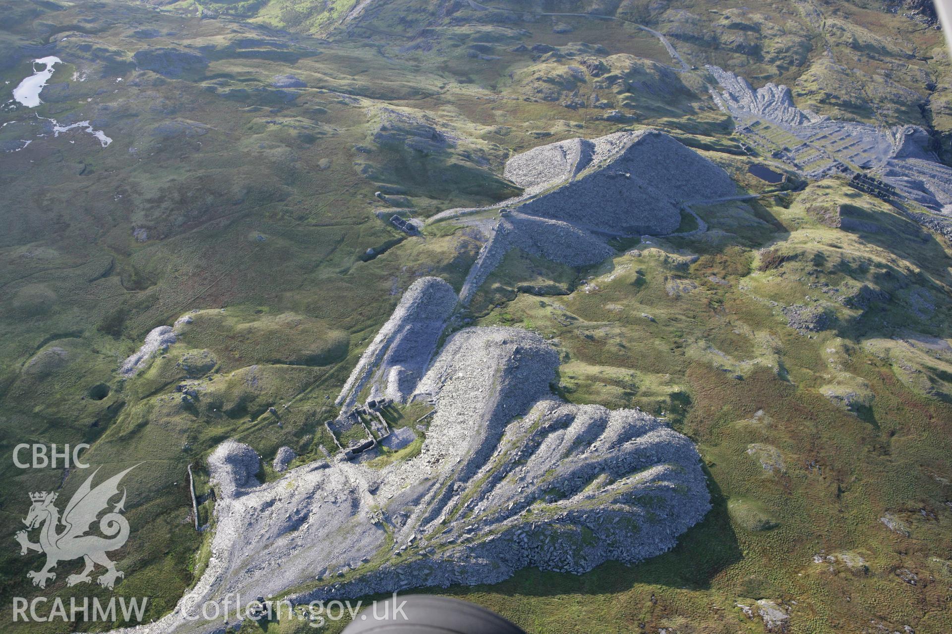 RCAHMW colour oblique aerial photograph of Rhosydd Slate Quarry Level 2 To Level 3 Incline. Taken on 06 September 2007 by Toby Driver