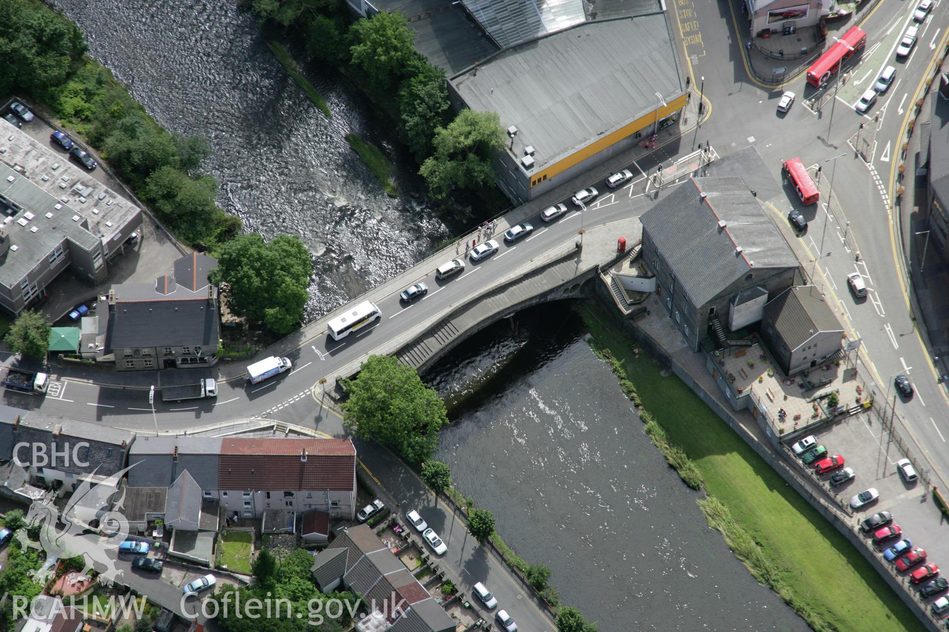 RCAHMW colour oblique aerial photograph of Pontypridd Old Bridge, Pontypridd. Taken on 30 July 2007 by Toby Driver