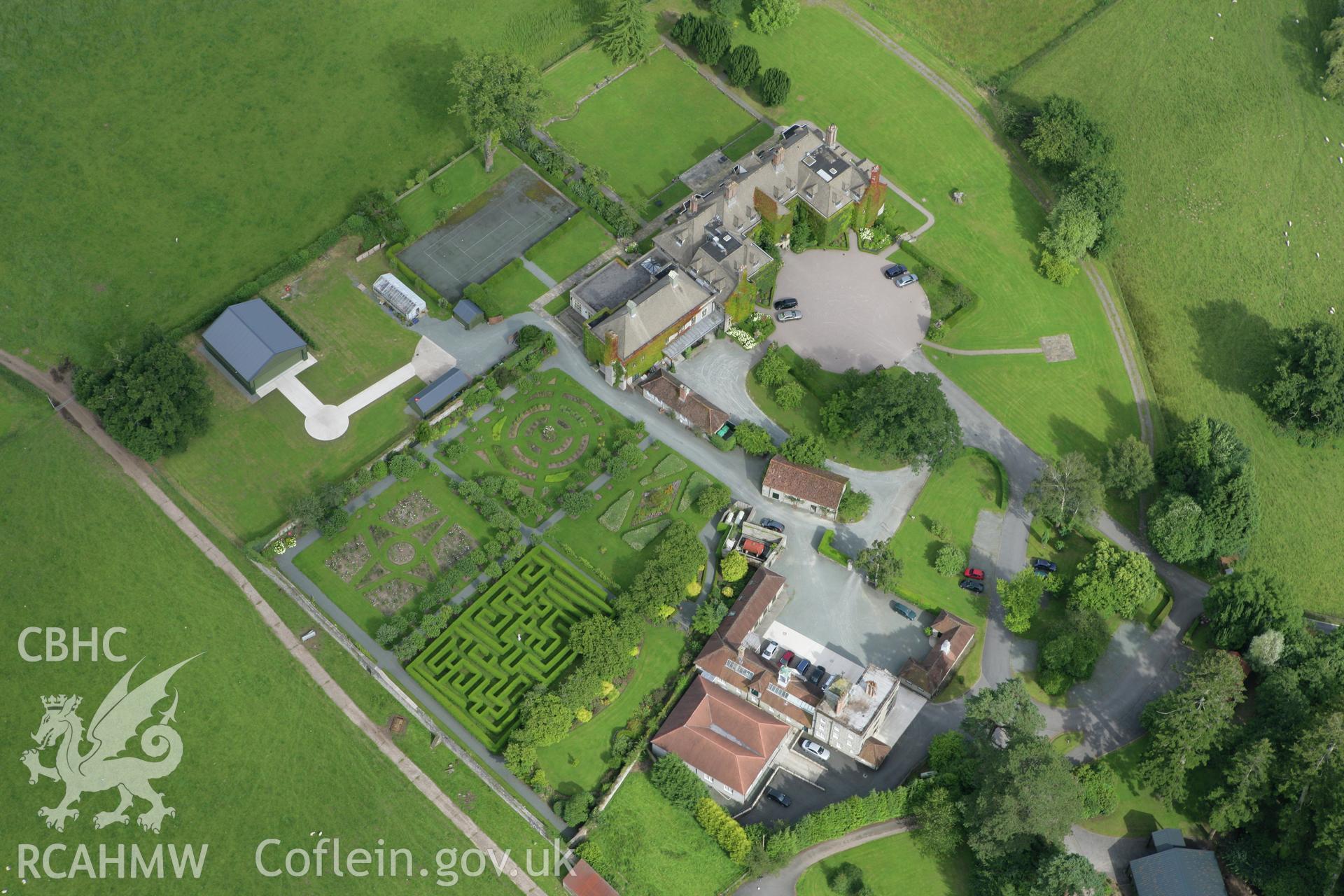 RCAHMW colour oblique aerial photograph of Llangoed Hall. Taken on 09 July 2007 by Toby Driver