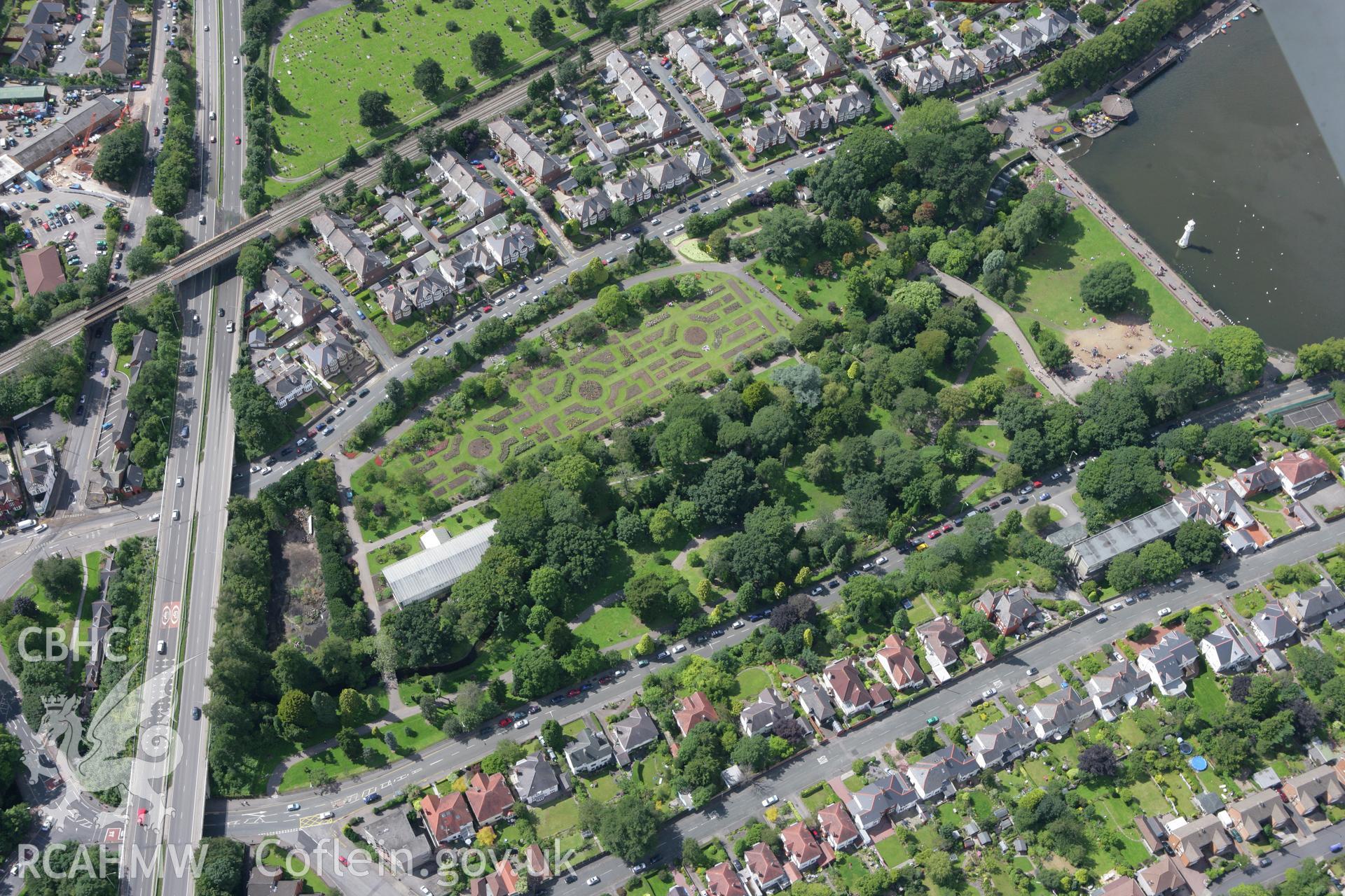 RCAHMW colour oblique aerial photograph of Roath Park, Cardiff showing the south end. Taken on 30 July 2007 by Toby Driver