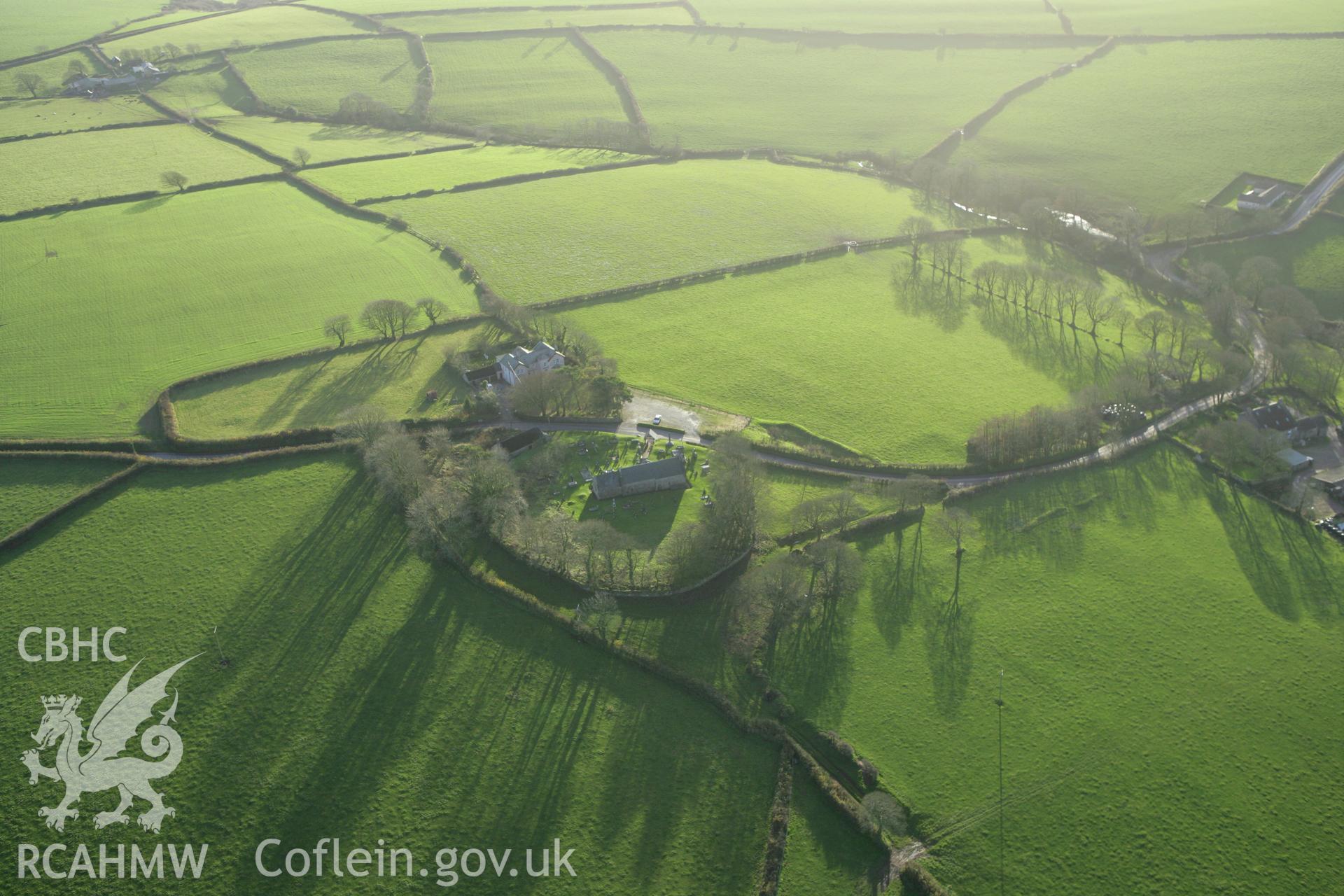 RCAHMW colour oblique photograph of Common Church Farm;St Margaret's Church;St Cyffig's Church, Eglwyscumin. Taken by Toby Driver on 29/11/2007.