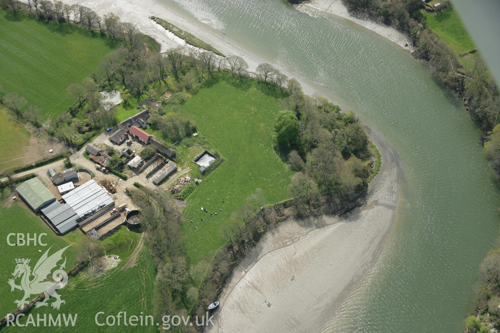 RCAHMW colour oblique aerial photograph of Cardigan Old Castle. Taken on 17 April 2007 by Toby Driver