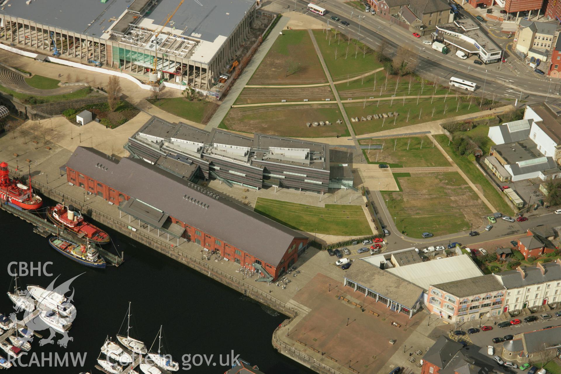 RCAHMW colour oblique aerial photograph of National Waterfront Museum, Swansea. Taken on 16 March 2007 by Toby Driver