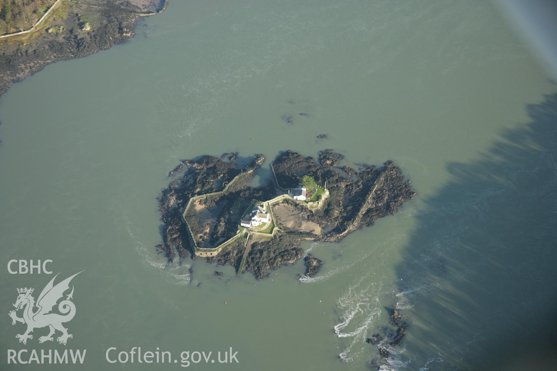 RCAHMW colour oblique aerial photograph of Ynys Gorad Goch Fish Curery, near Bangor. A view of the north weir and the smoke tower. Taken on 25 January 2007 by Toby Driver