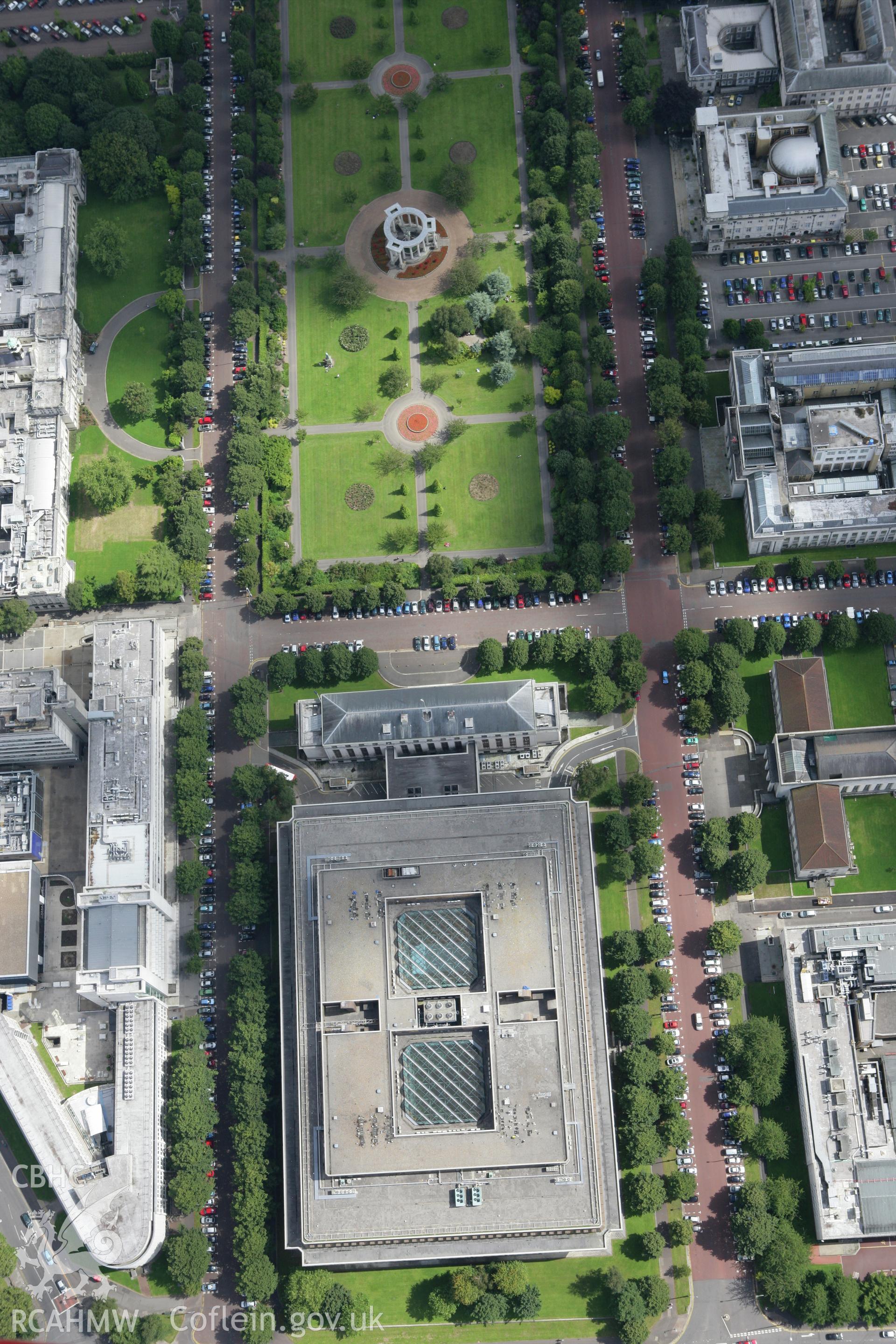 RCAHMW colour oblique aerial photograph of Cardiff Civic Centre, Cathays Park, Cardiff. Taken on 30 July 2007 by Toby Driver