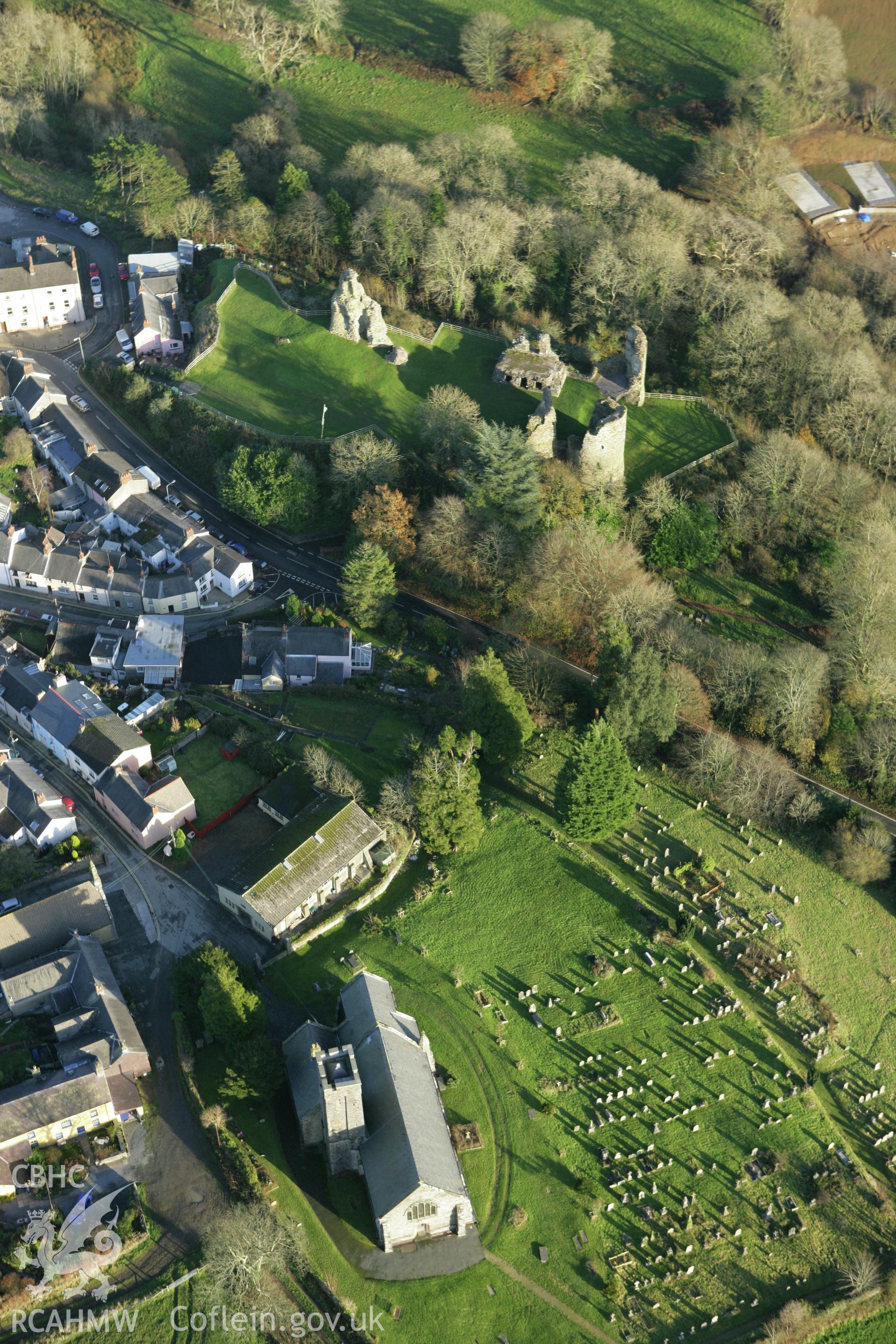 RCAHMW colour oblique photograph of Narberth, Castle and church. Taken by Toby Driver on 29/11/2007.