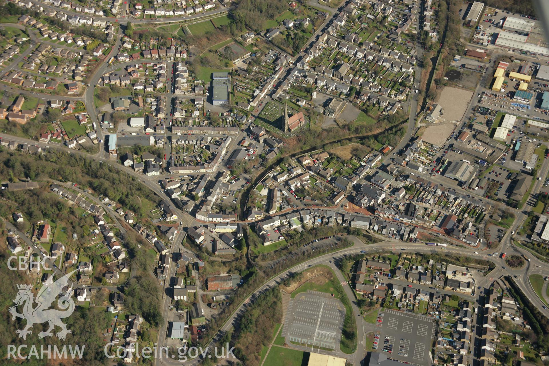 RCAHMW colour oblique aerial photograph of Upper Clydach Aqueduct and overflow, Pontardawe Aqueduct, Swansea Canal. Taken on 21 March 2007 by Toby Driver