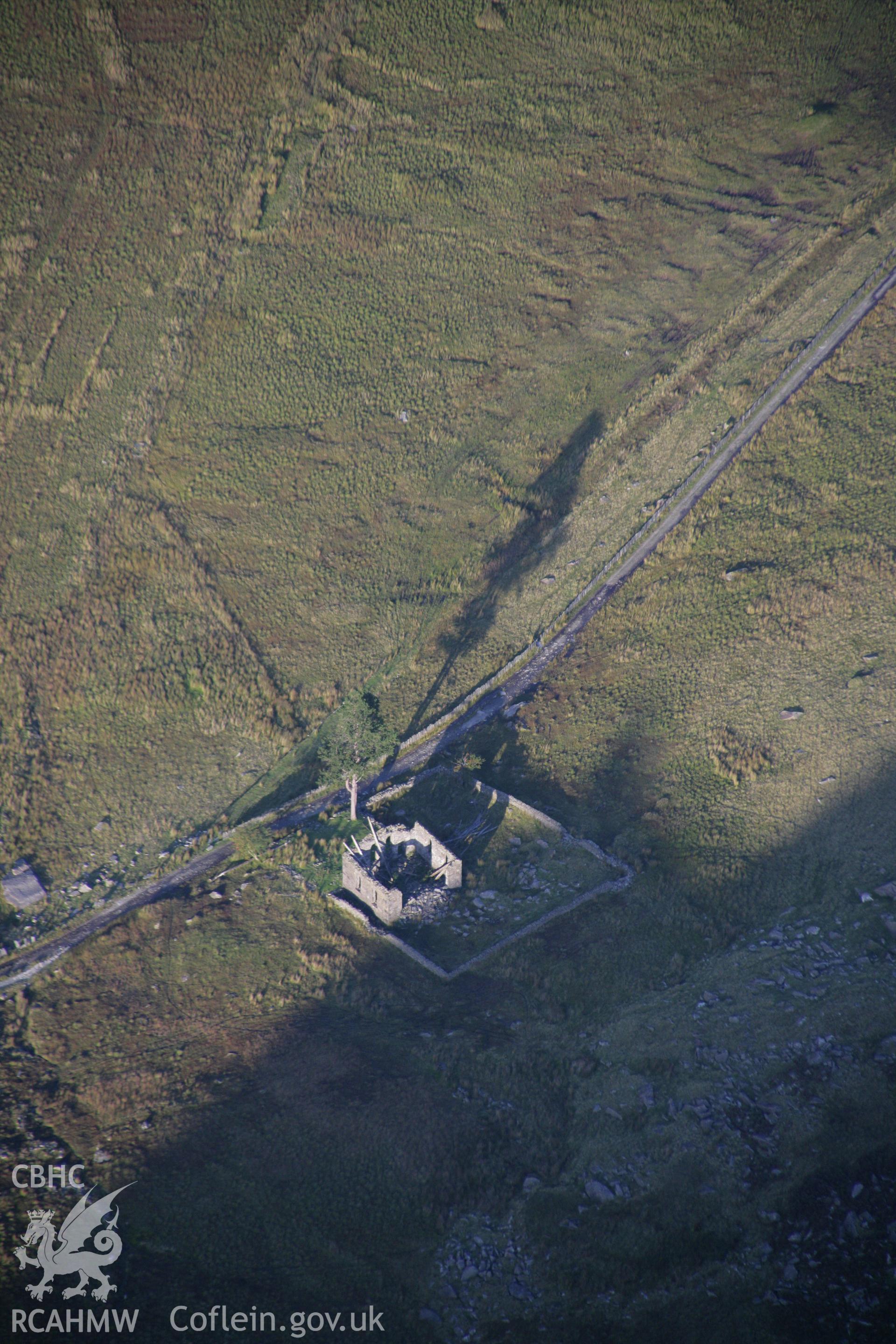 RCAHMW colour oblique aerial photograph of Cwmorthin Calvinistic Methodist Sunday School (Rhosydd), Cwmorthin, Ffestiniog. Taken on 06 September 2007 by Toby Driver