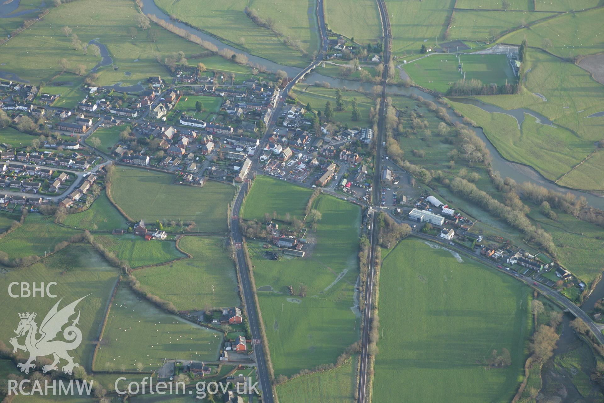 RCAHMW colour oblique photograph of Caersws Roman fort;Caersws Roman military settlement. Taken by Toby Driver on 11/12/2007.