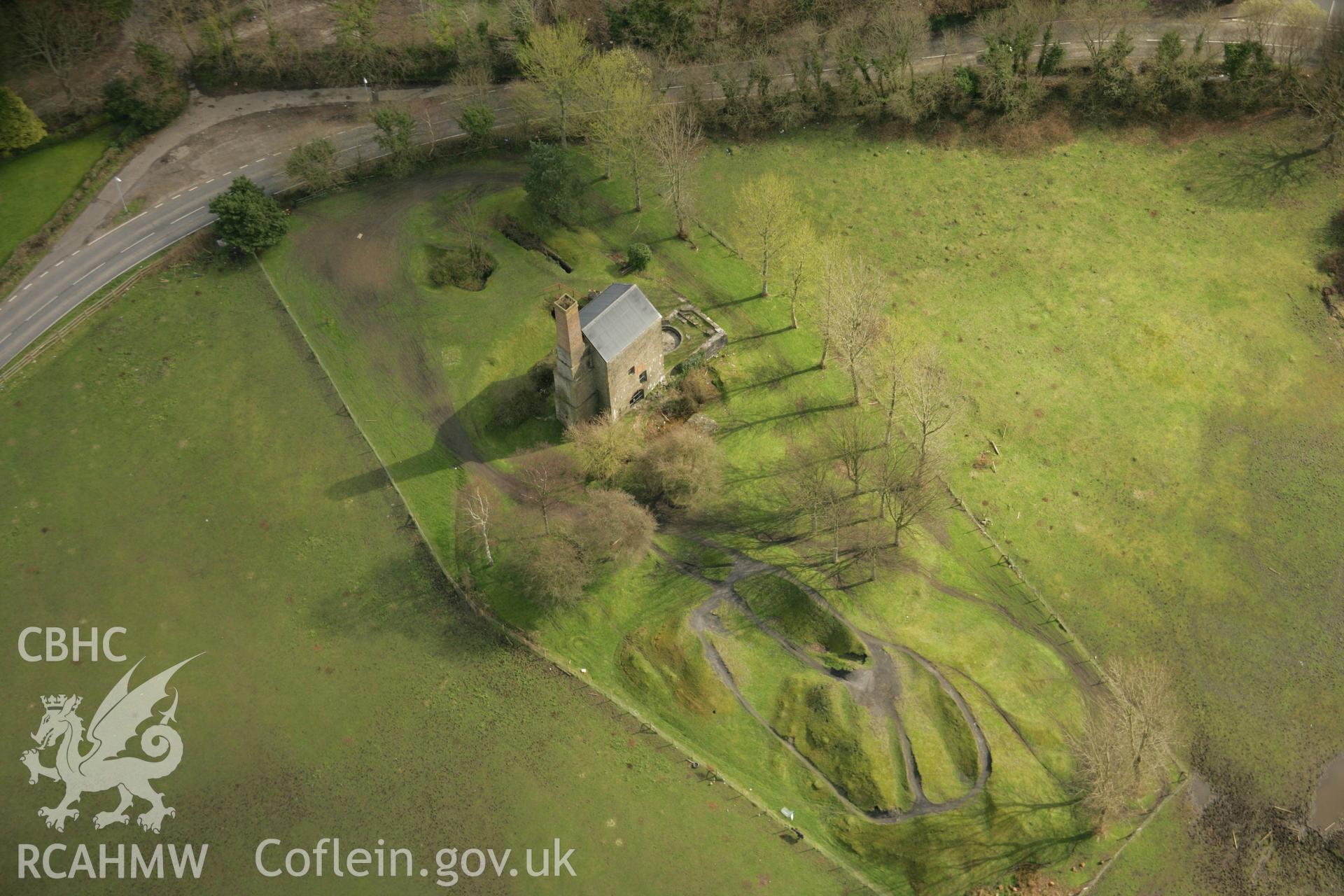 RCAHMW colour oblique aerial photograph of Scotts Pit Engine House, Heol-Las. Taken on 16 March 2007 by Toby Driver