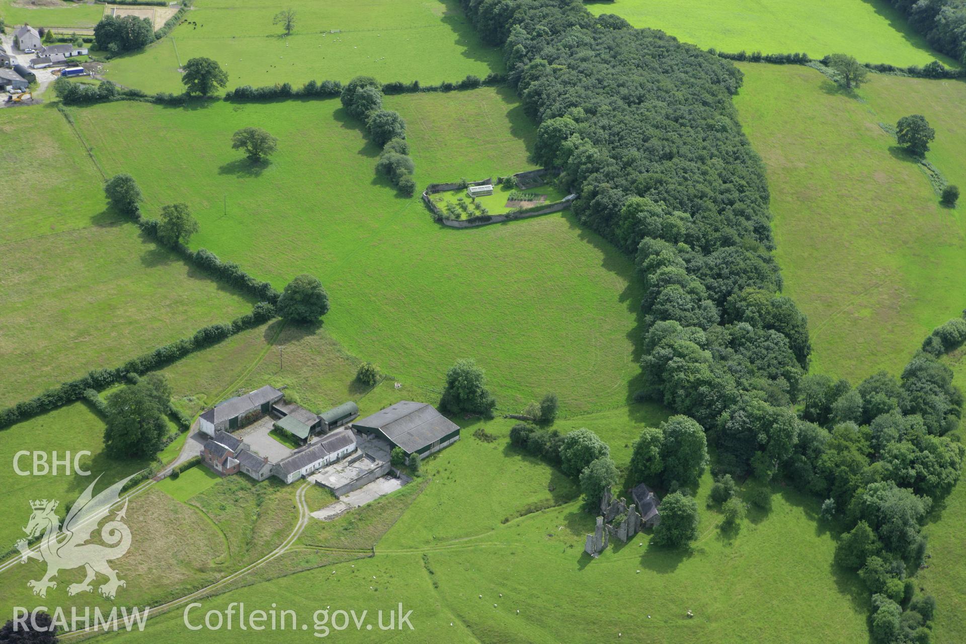 RCAHMW colour oblique aerial photograph of Llwynywormwood House and Garden. Taken on 09 July 2007 by Toby Driver