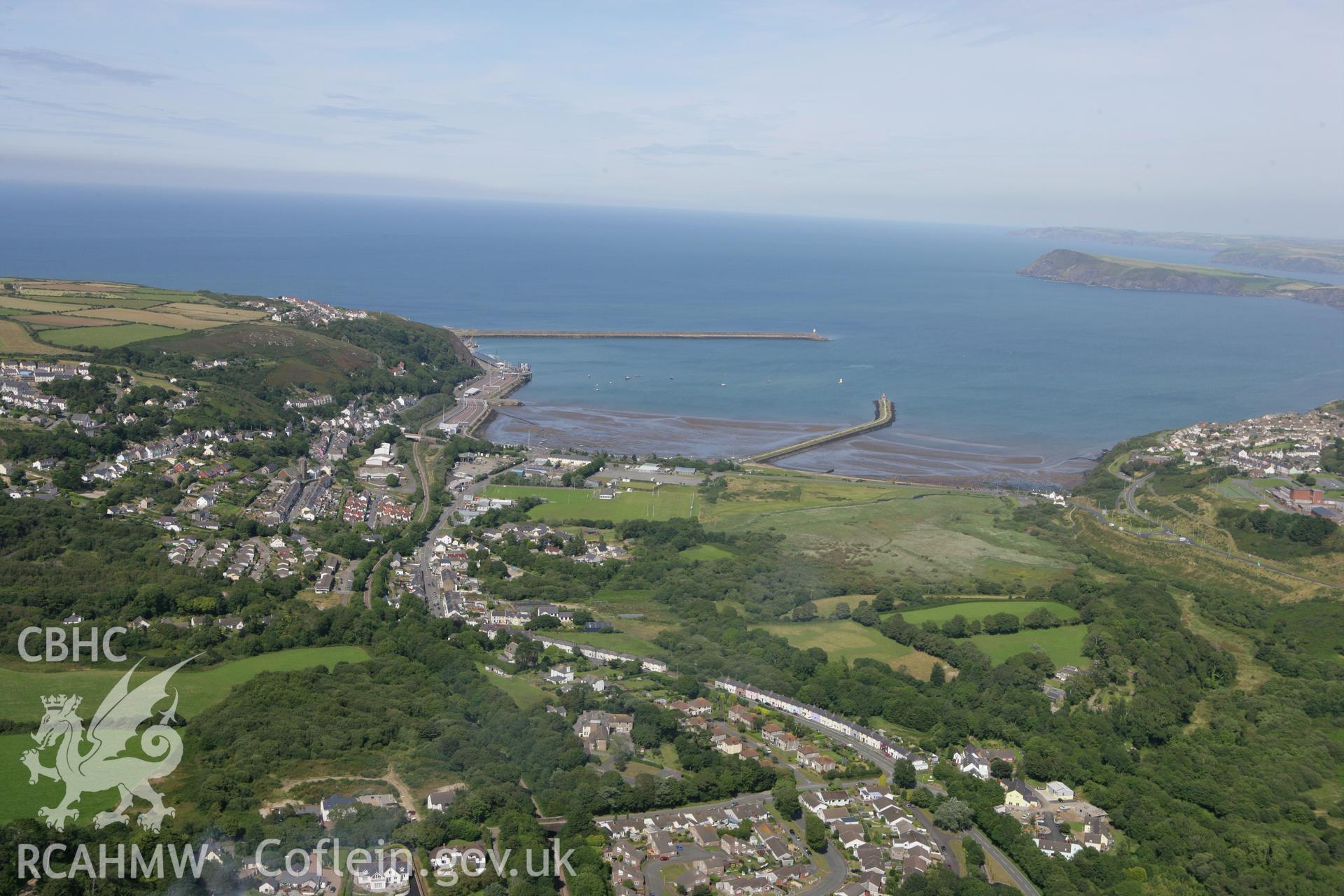 RCAHMW colour oblique photograph of Fishguard Harbour. Taken by Toby Driver on 01/08/2007.