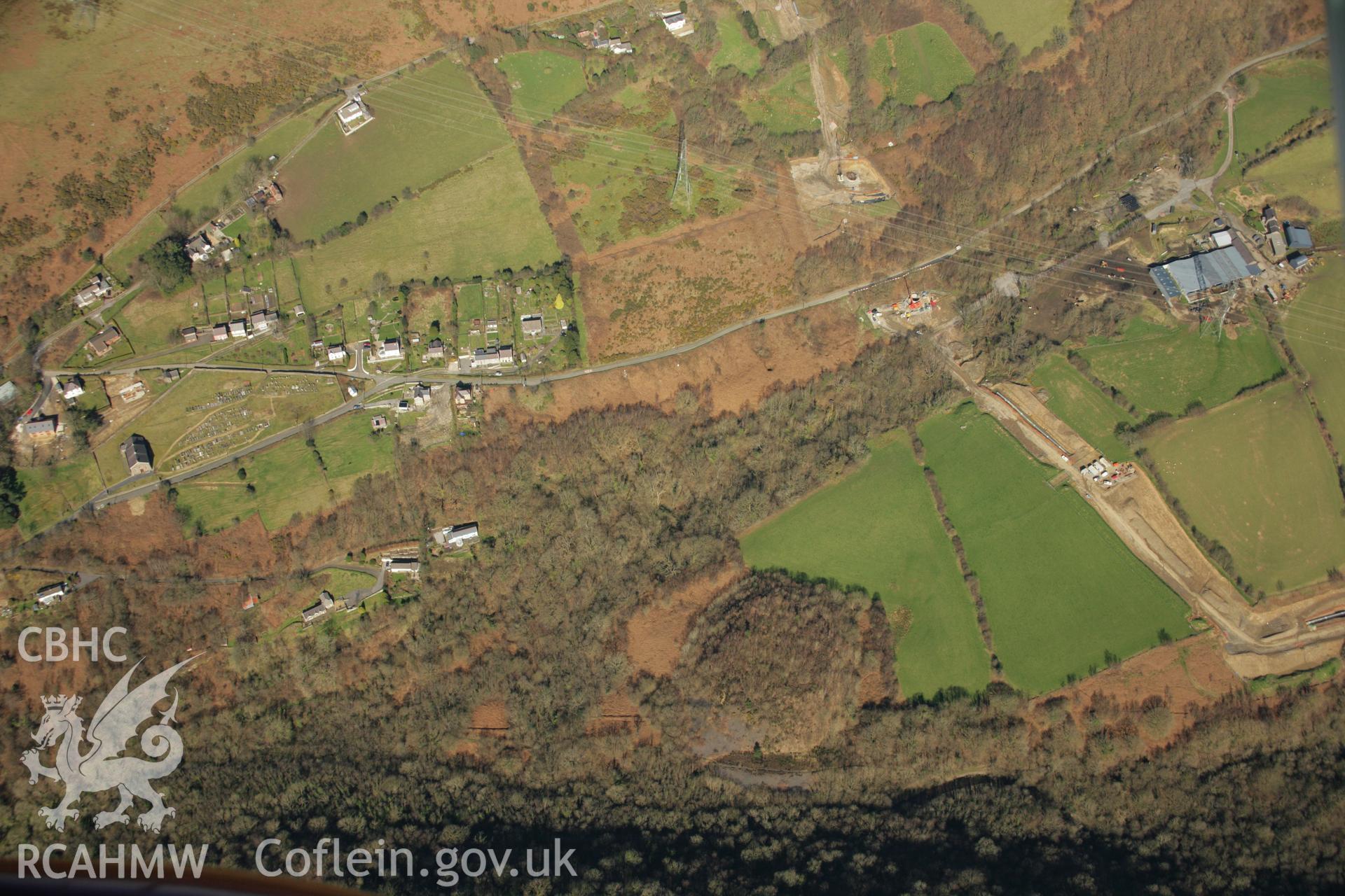 RCAHMW colour oblique aerial photograph of Graig Merthyr Railway Incline Summit, Cwm Clydach Railway, with LNG pipeline at Glyn Coch. Taken on 21 March 2007 by Toby Driver