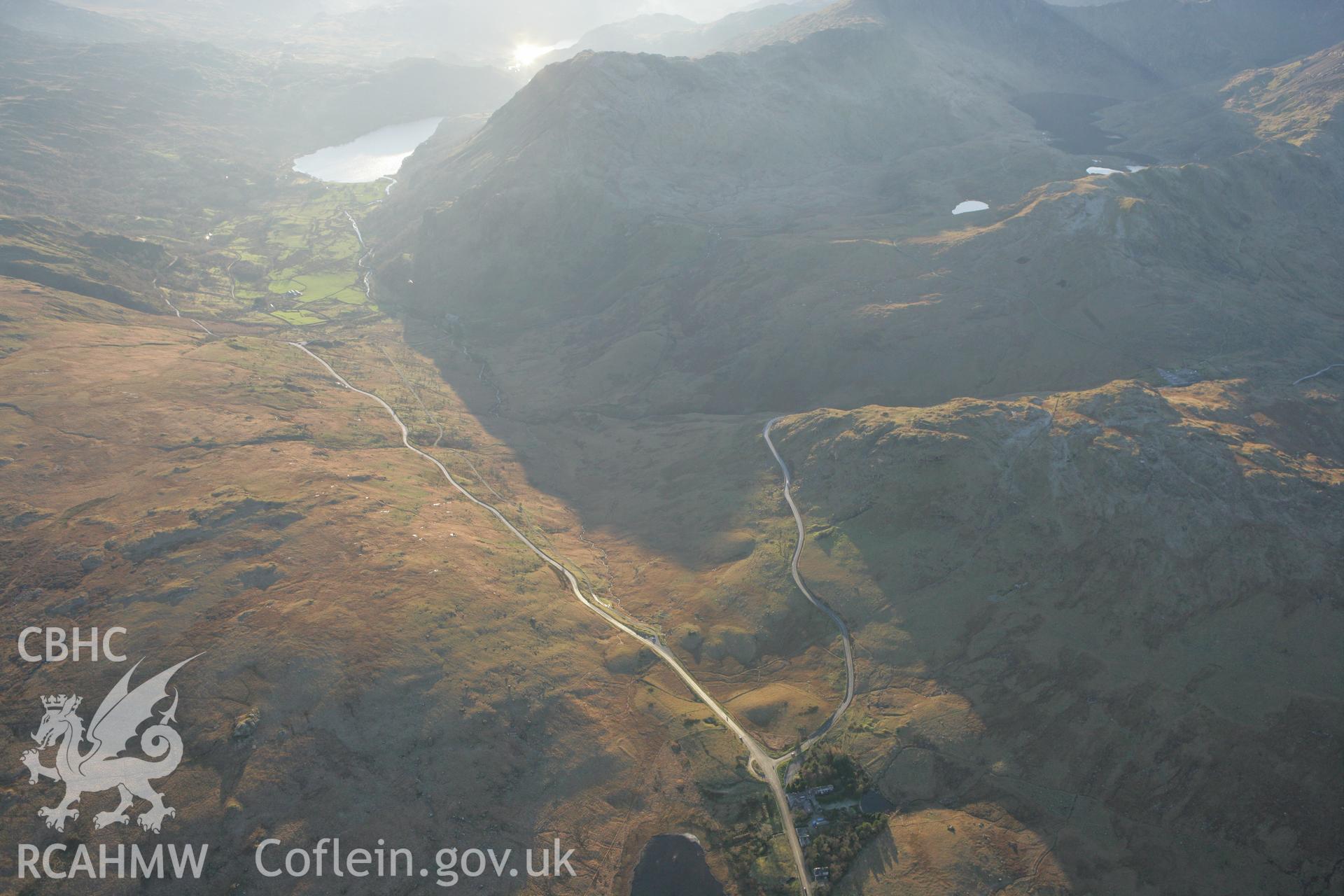 RCAHMW colour oblique photograph of Pen y Gwyrd Roman marching camp. Taken by Toby Driver on 20/12/2007.