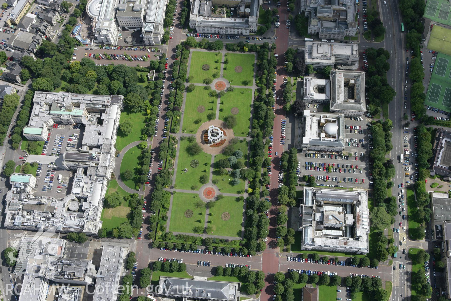 RCAHMW colour oblique aerial photograph of Cardiff Civic Centre, Cathays Park, Cardiff. Taken on 30 July 2007 by Toby Driver