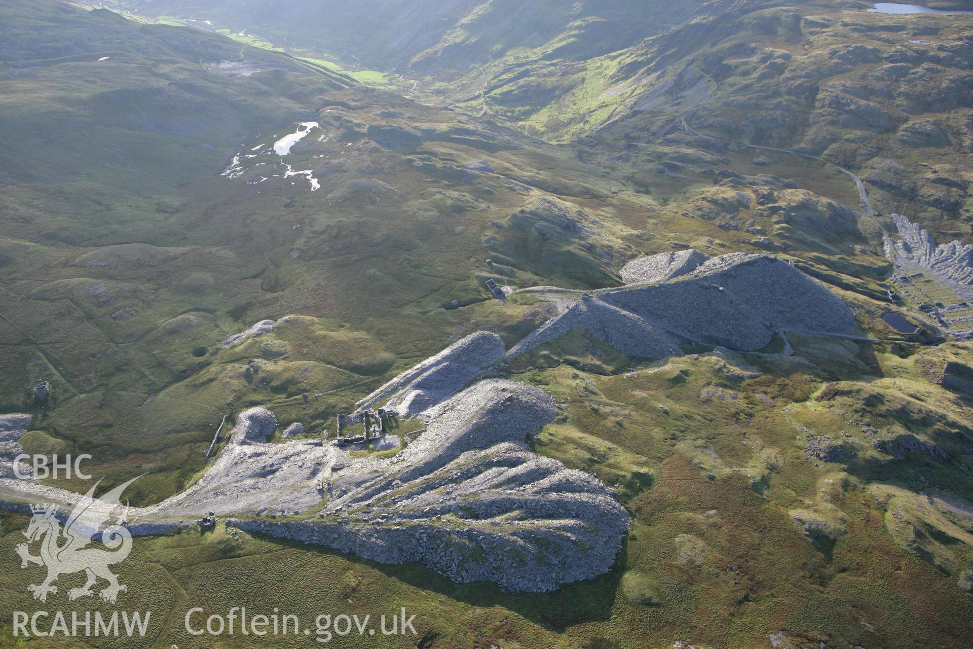 RCAHMW colour oblique aerial photograph of Rhosydd Slate Quarry Level 2 To Level 3 Incline. Taken on 06 September 2007 by Toby Driver