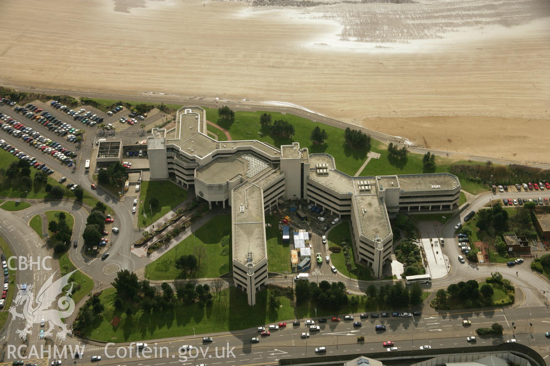 RCAHMW colour oblique aerial photograph of County Hall, Swansea. Taken on 16 March 2007 by Toby Driver