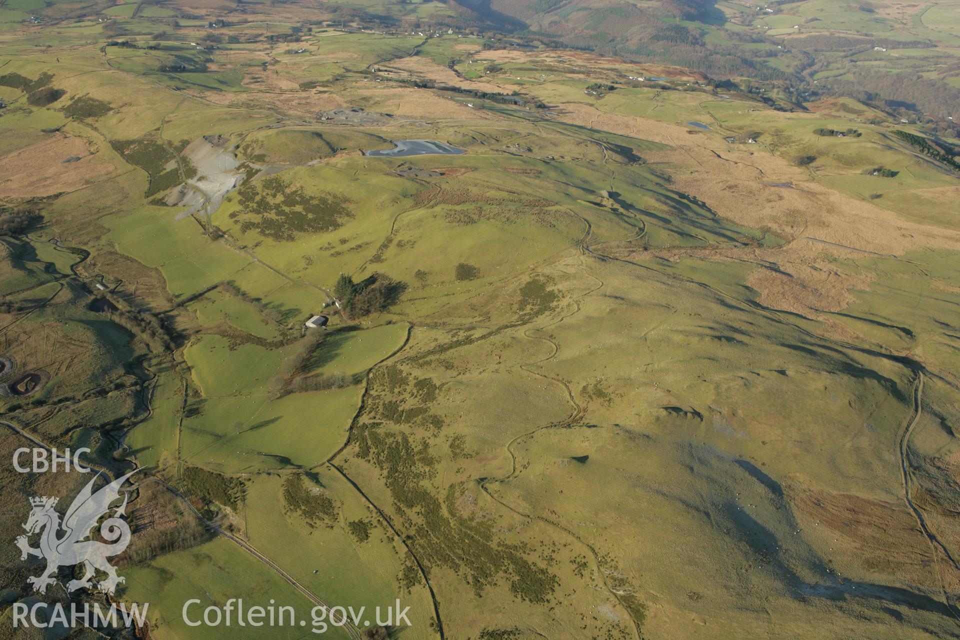 RCAHMW colour oblique photograph of Glogfach Mine showing contour leat to the east. Taken by Toby Driver on 20/12/2007.