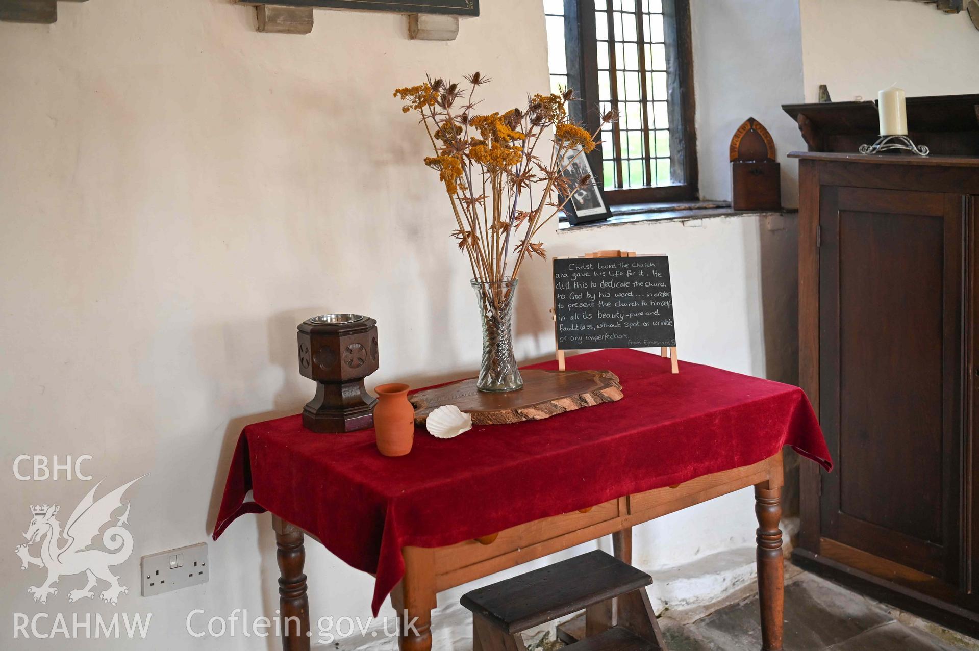 Maesyronen Chapel House - Detailed view of the credence table, taken from South-West