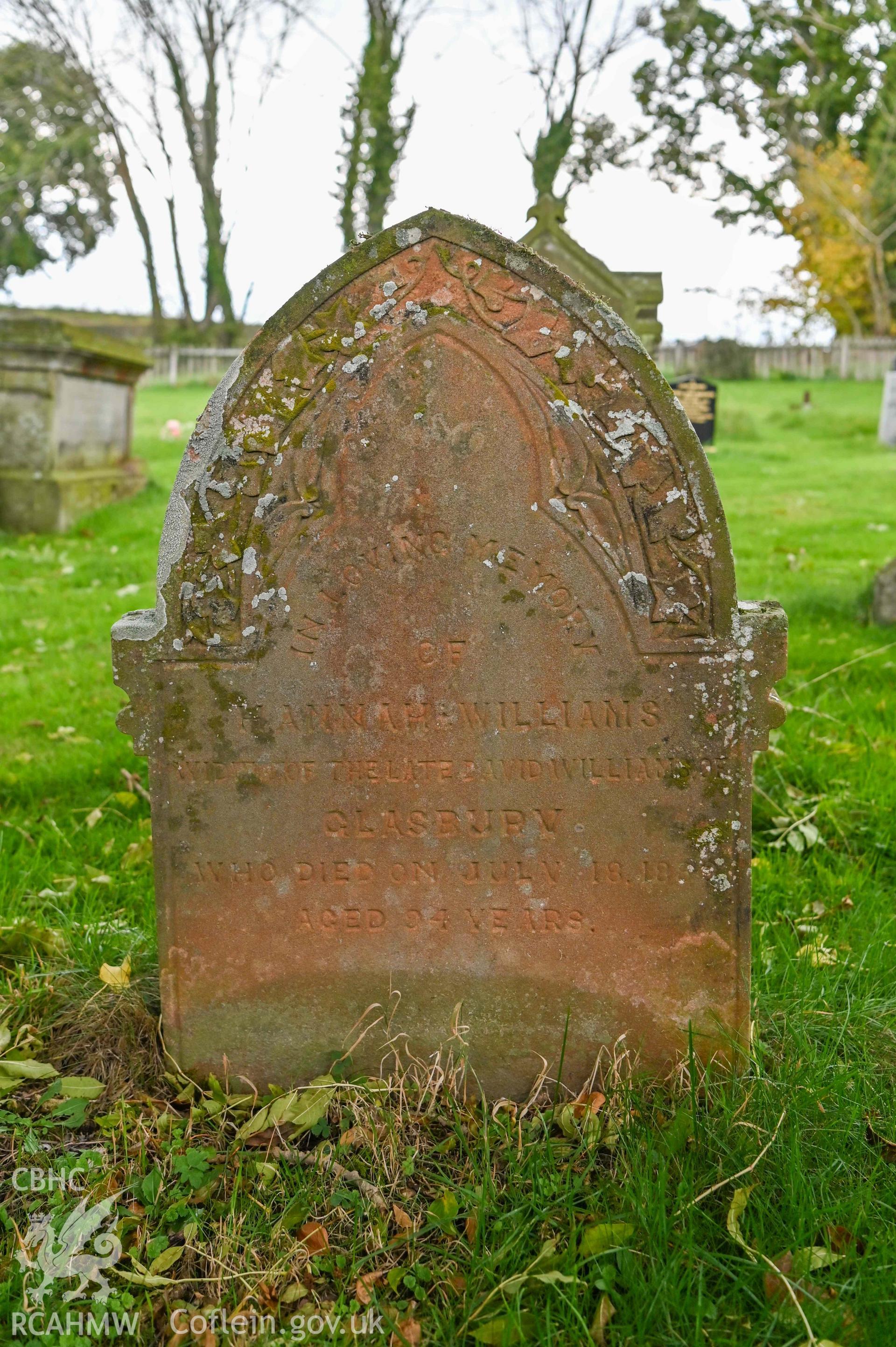 Maesyronen Chapel House - Detailed view of a gravestone