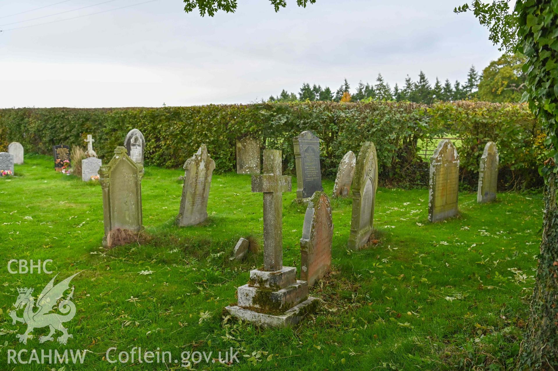 Maesyronen Chapel House - View of a section of the graveyard North of the chapel, looking North-West