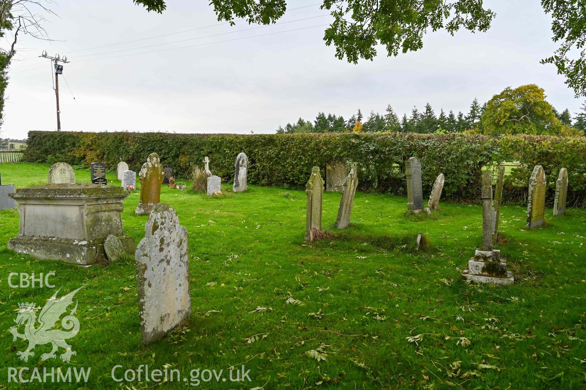 Maesyronen Chapel - View of a section of the graveyard North of the chapel, looking North-West