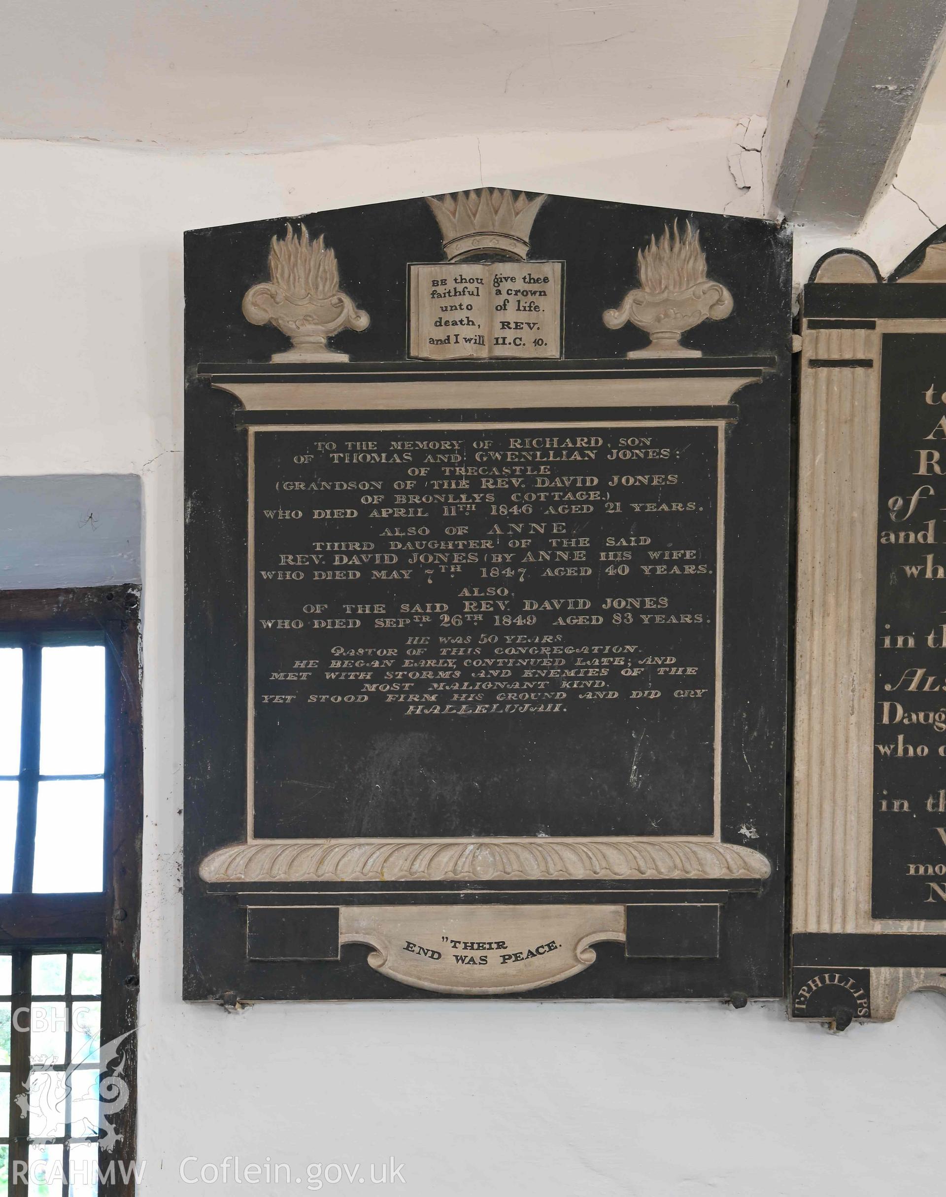 Maesyronen Chapel House - Detailed view of a memorial for the Jones family, taken from South