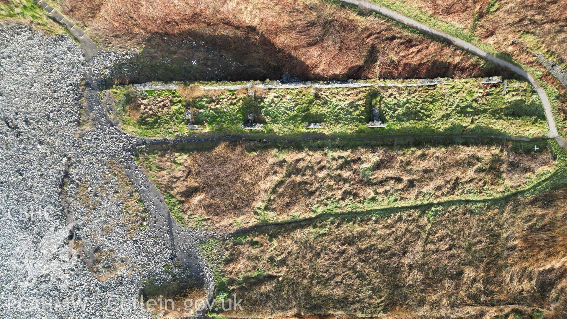 Overhead view of the quarryworker's cottages at Abereiddi/Abereiddy on 11/12/2024. North is to the top.