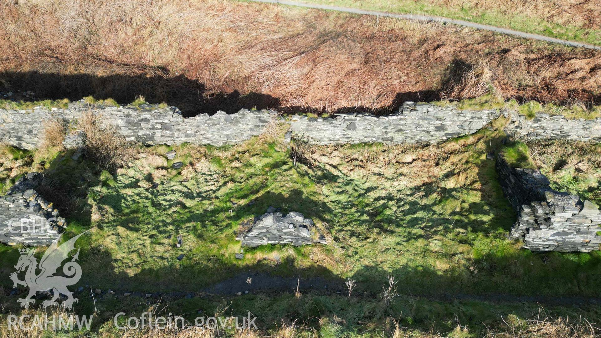 Oblique view, looking north, of Cottages 4 (left) and 5 (right) at Abereiddi/Abereiddy on 11/12/2024.