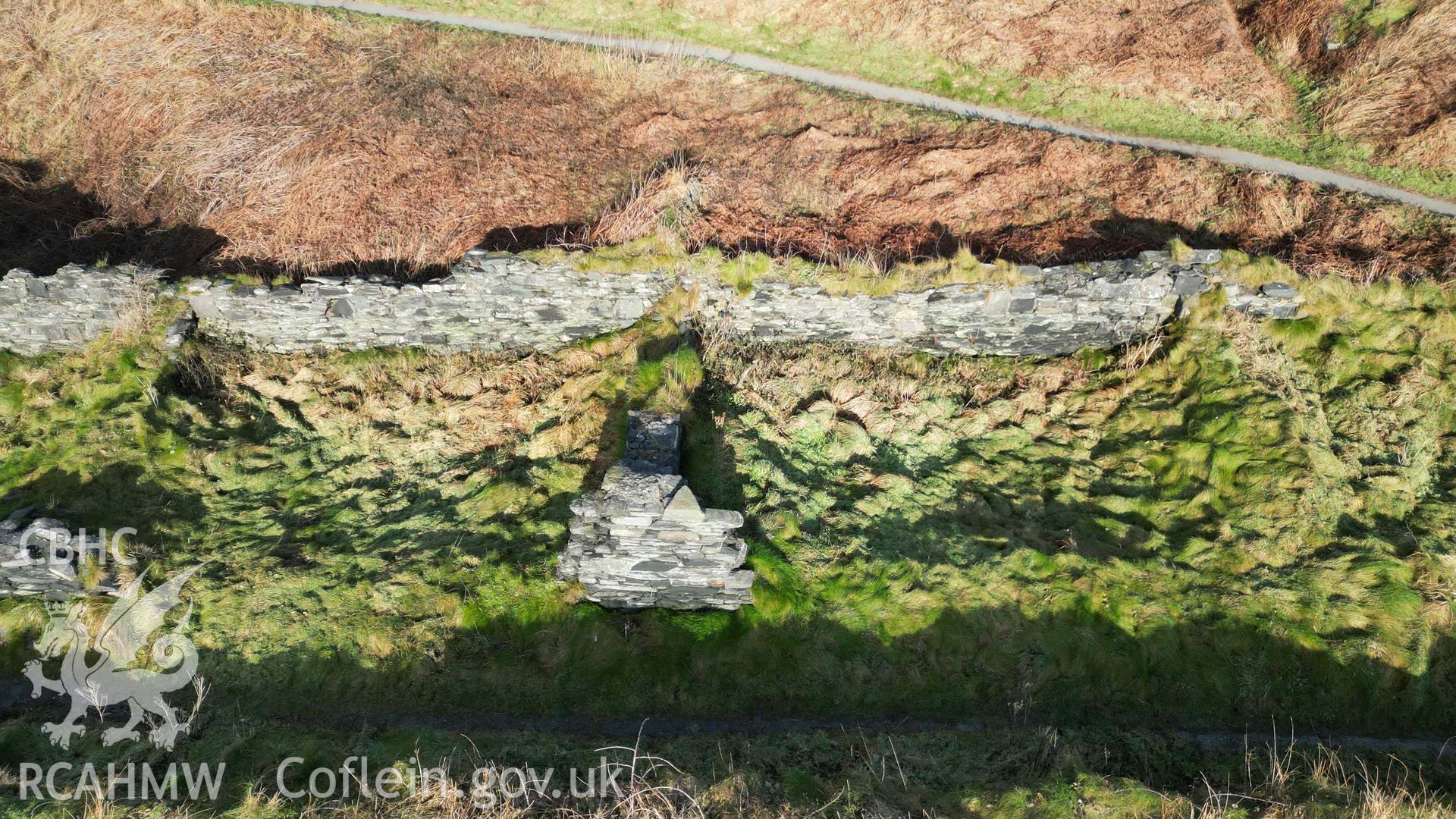 Oblique view, looking north, of Cottages 5 (left) and 6 (right) at Abereiddi/Abereiddy on 11/12/2024.