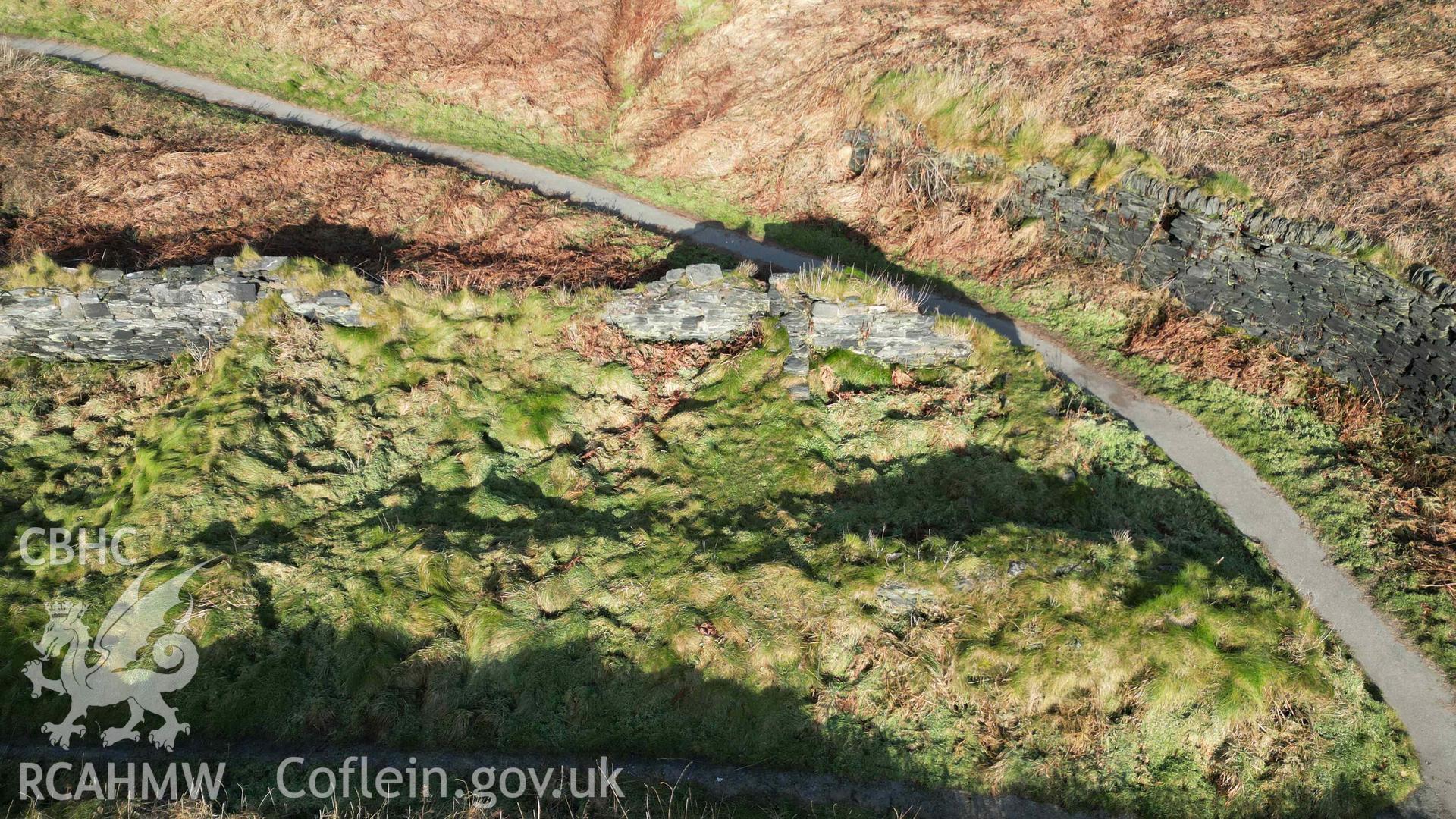 Oblique view, looking north, of Cottages 7 (left) and adjacent extension to the right at Abereiddi/Abereiddy on 11/12/2024.