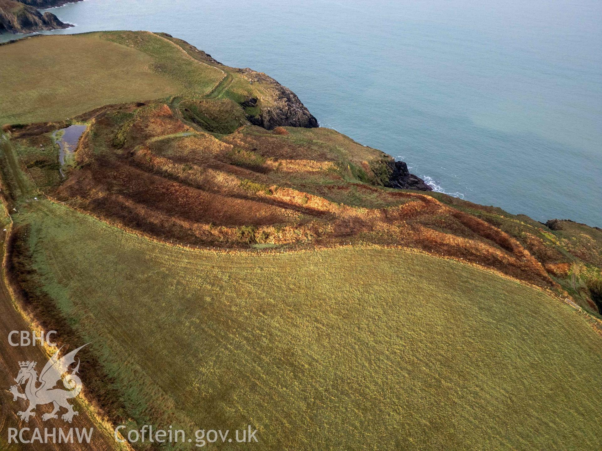 Caer Aber Pwll coastal promontory fort. Aerial (UAV) view from the southeast.