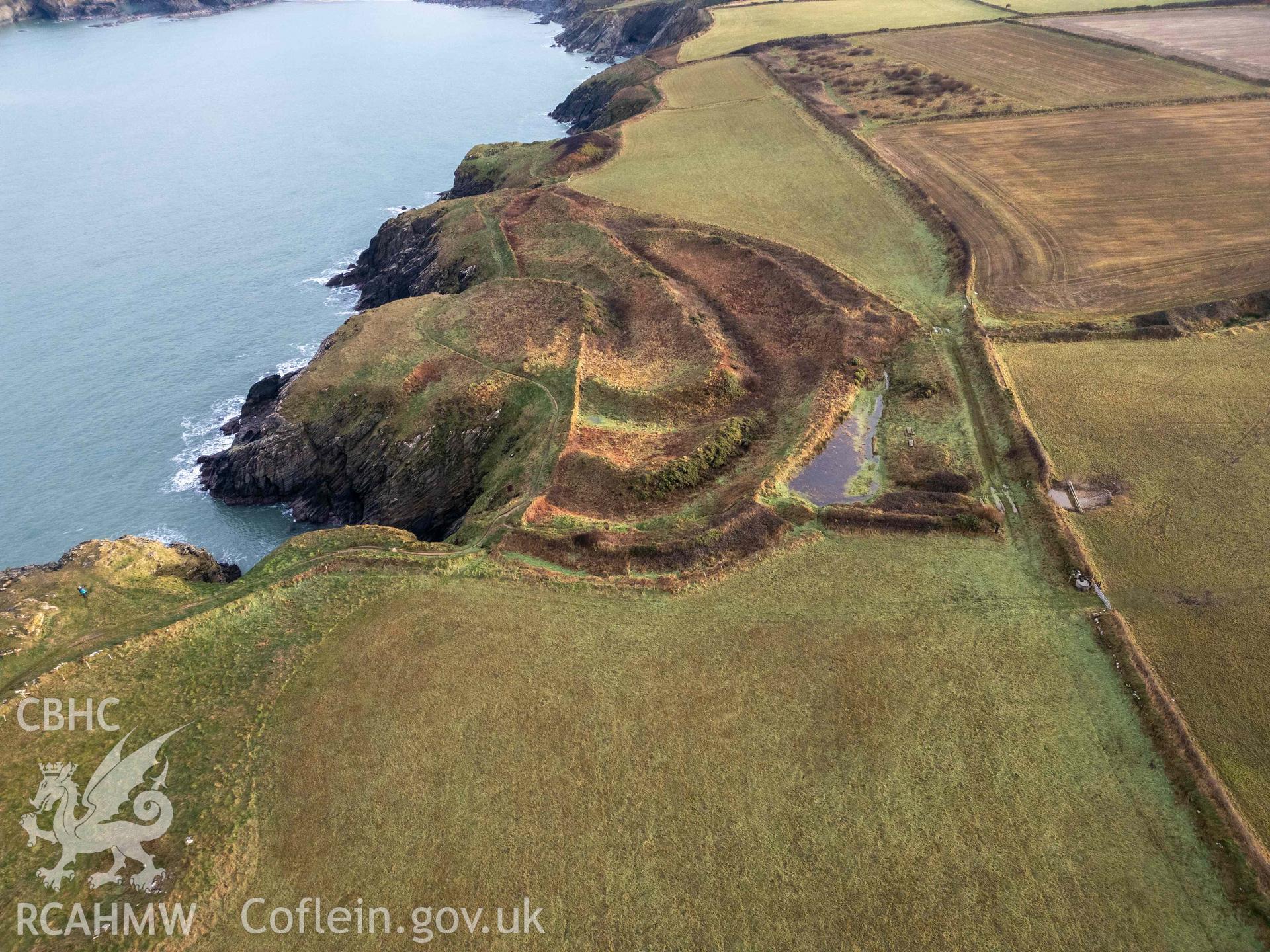 Caer Aber Pwll and Little Aber Pwll coastal promontory forts. Aerial (UAV) view from the west.